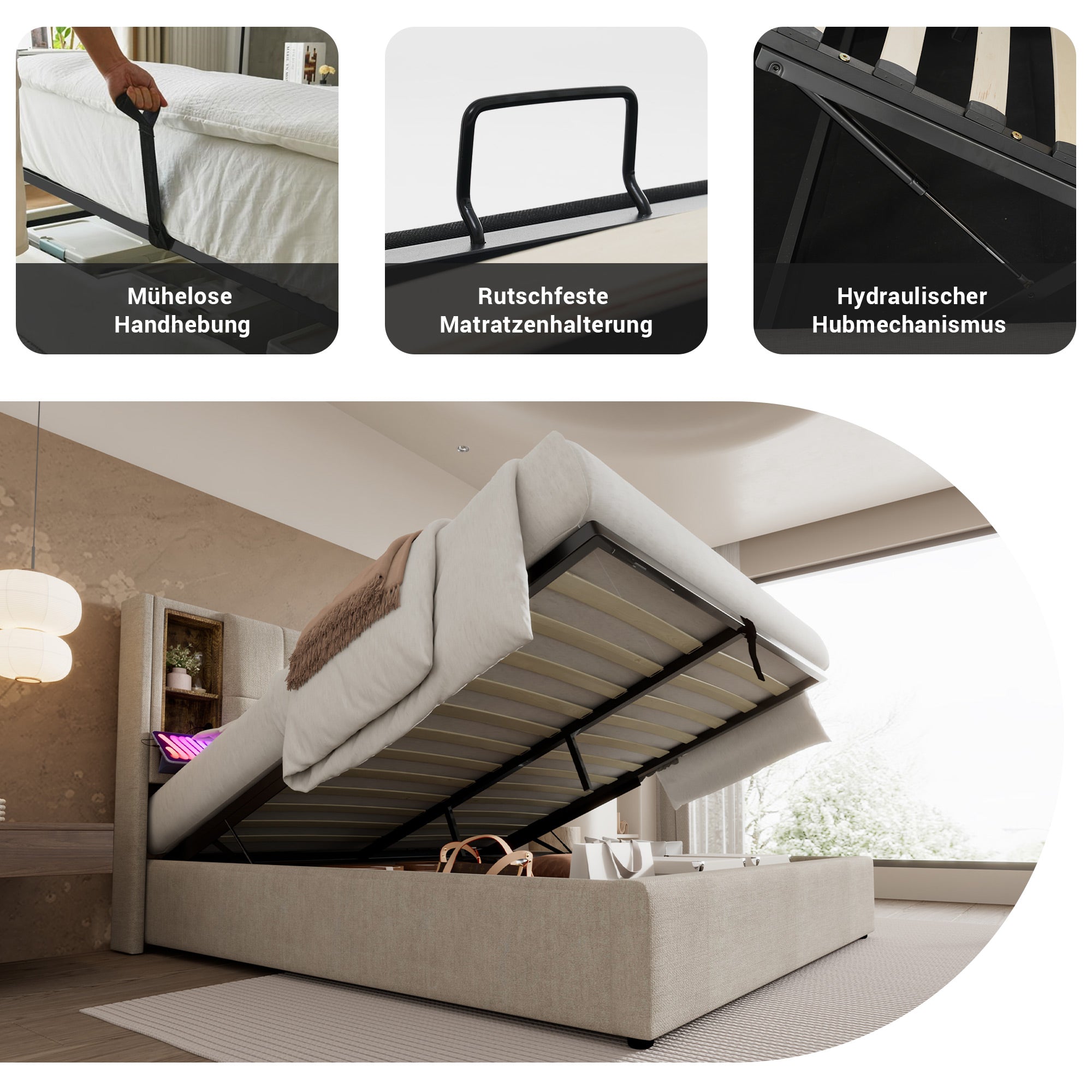 Logidon tweepersoonsbed 140x200 met draadloos opladen USB-C opbergruimte