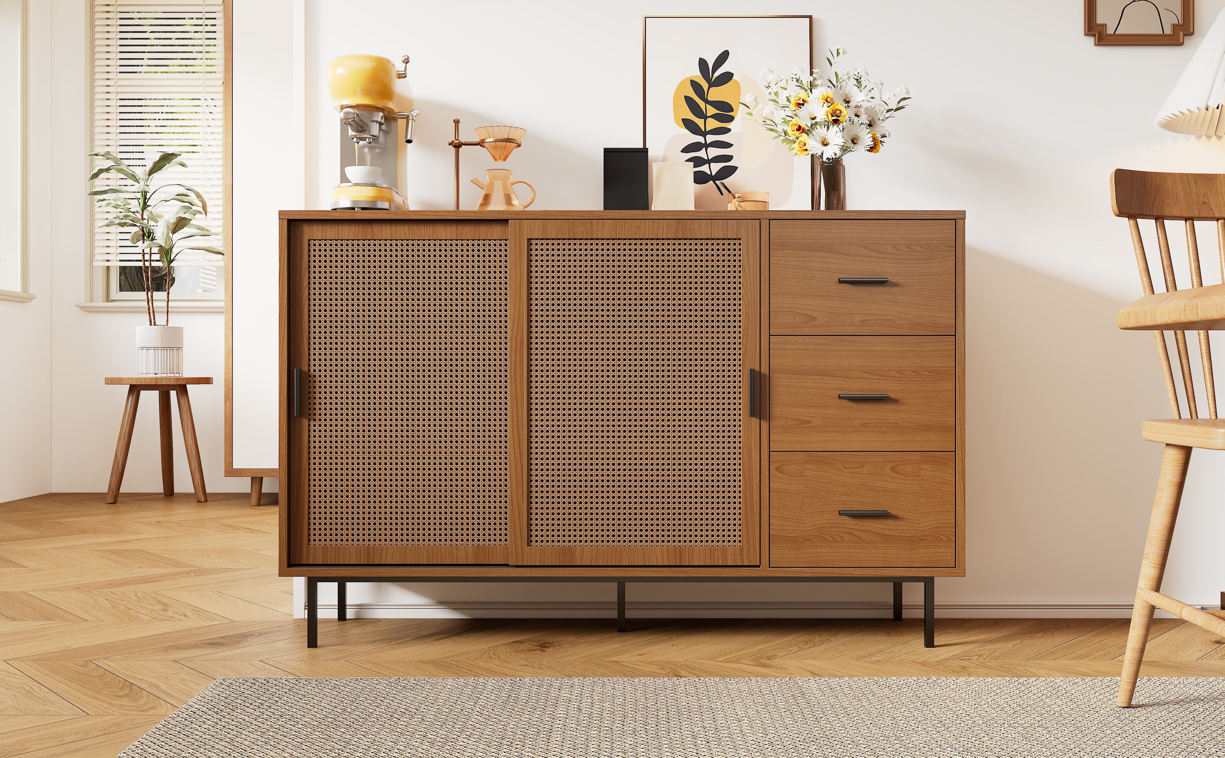 Logidon dressoir naturel 140x37x91cm met 2 schuifdeuren en 3 lades