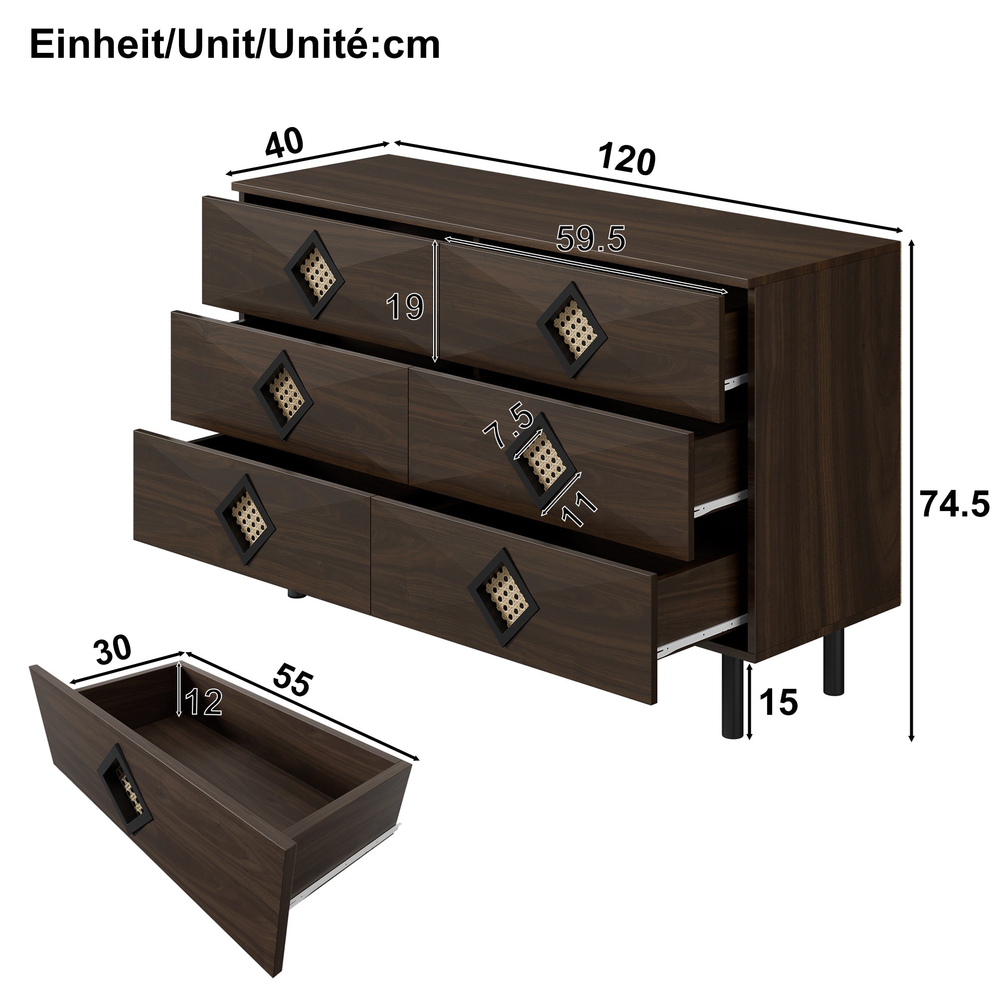 Logidon Elegante kaptafel met 6 laden, walnoot met rotan handvat