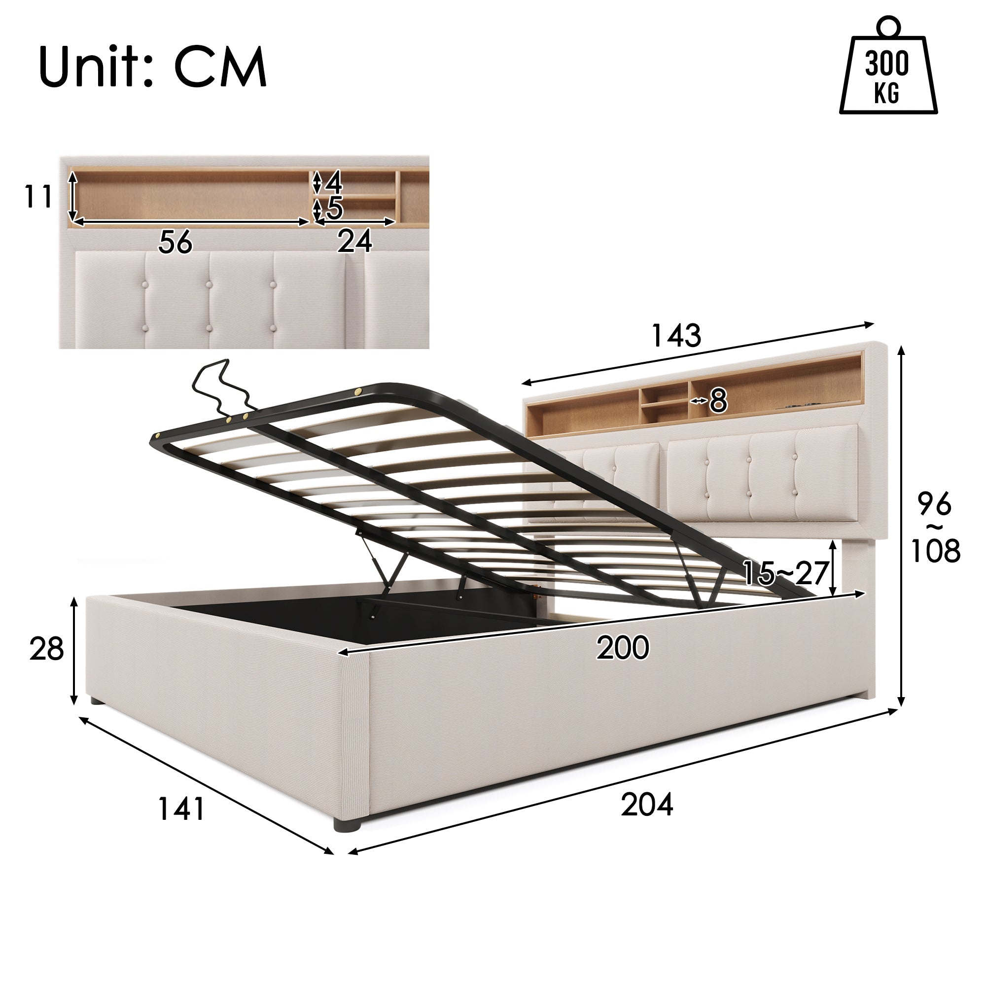 Logidon gestoffeerd bed 140x200 met USB C oplaadfunctie en opbergruimte beige