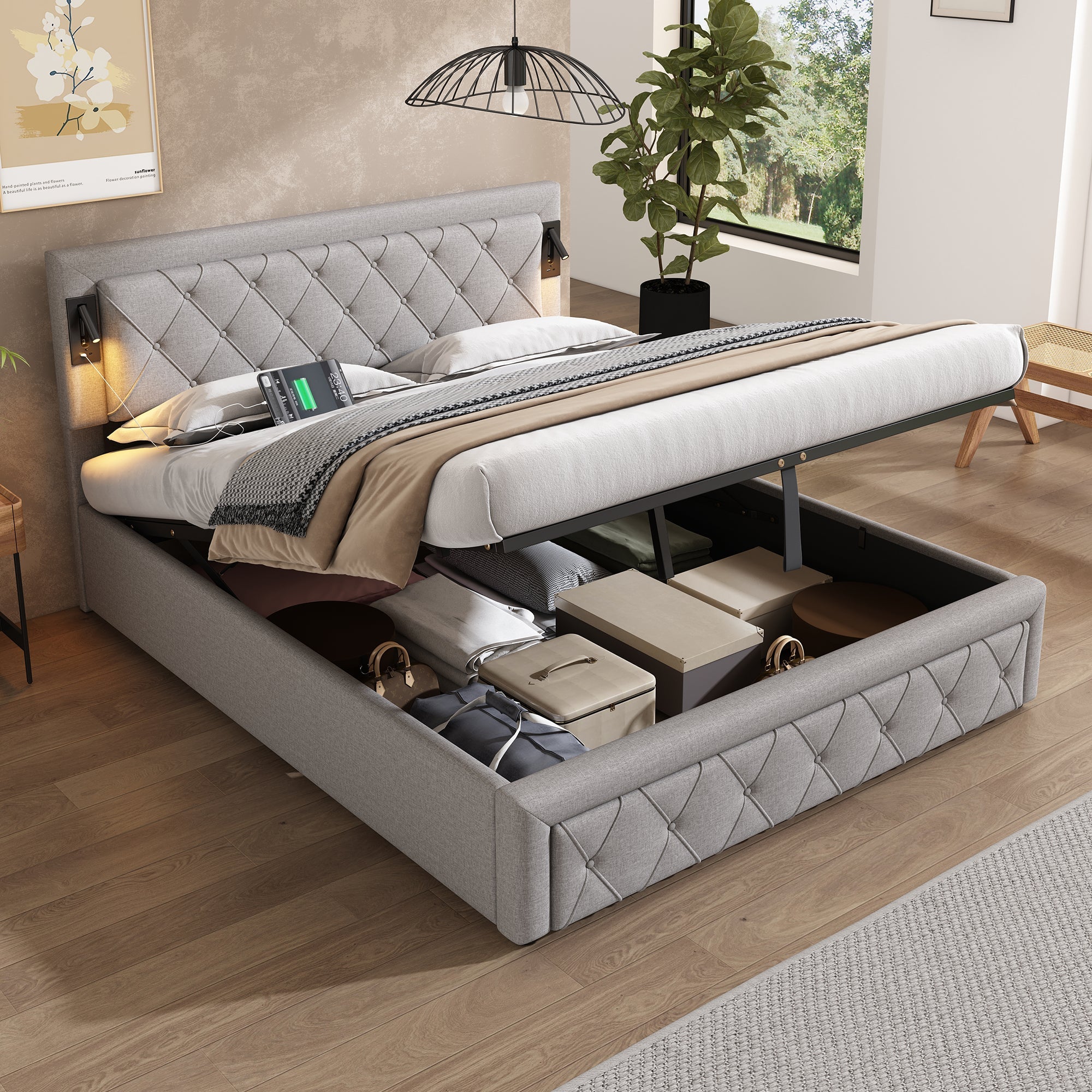 Logidon gestoffeerd bed 160x200 grijs met inbouwspot USB opbergruimte lattenbodem