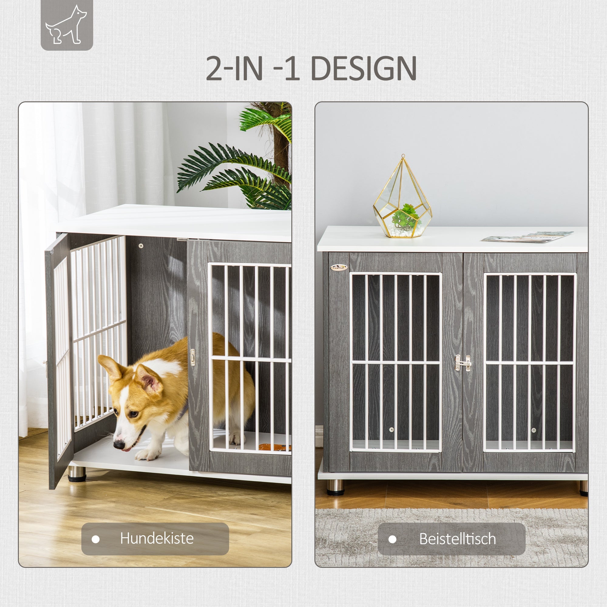 Logidon Hondenkennel Hout Grijs Wit Transportbox Tafelkussen 85x55x75