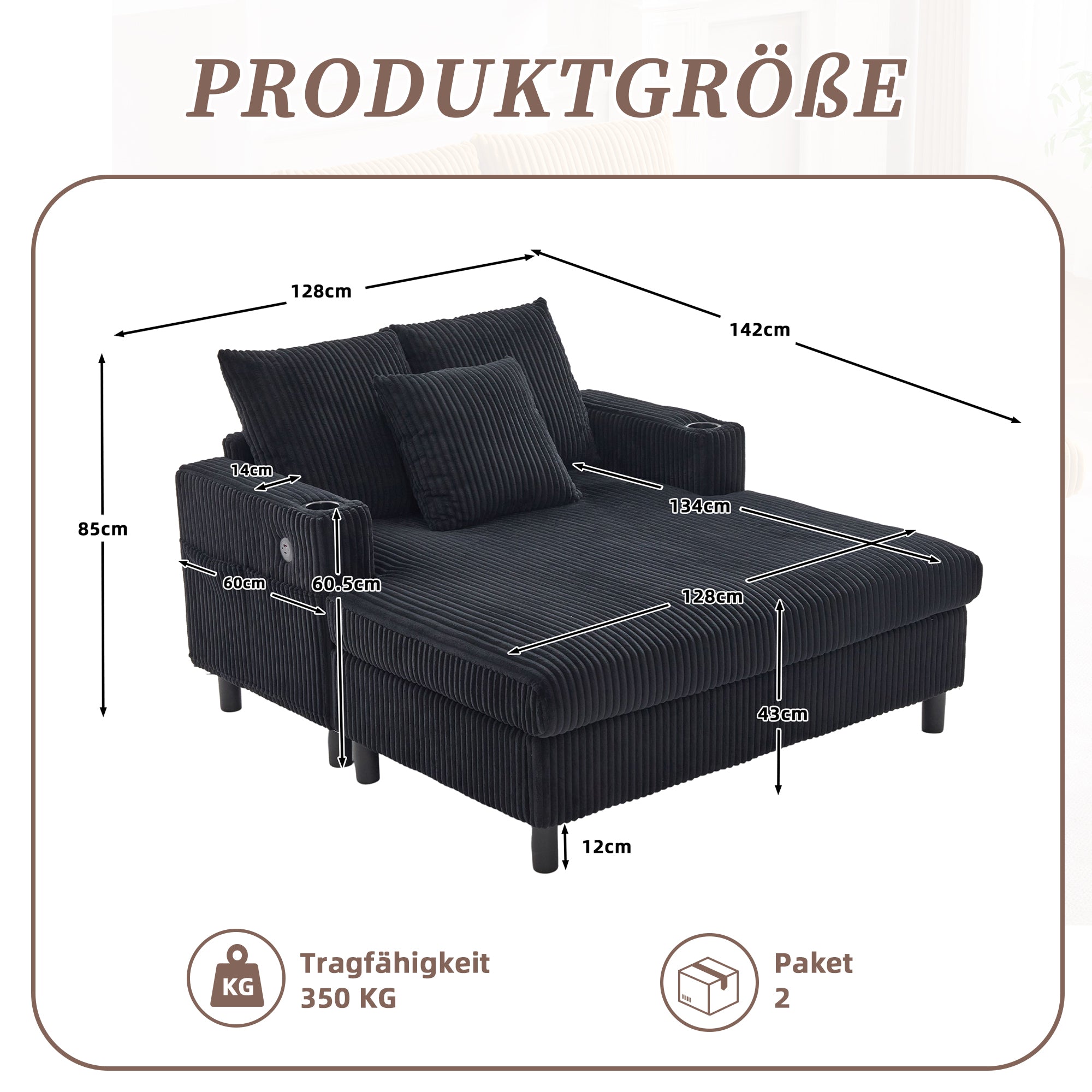 Logidon Velvet Chaise Longue Zwart met USB-oplaadpunten en LED-verlichting