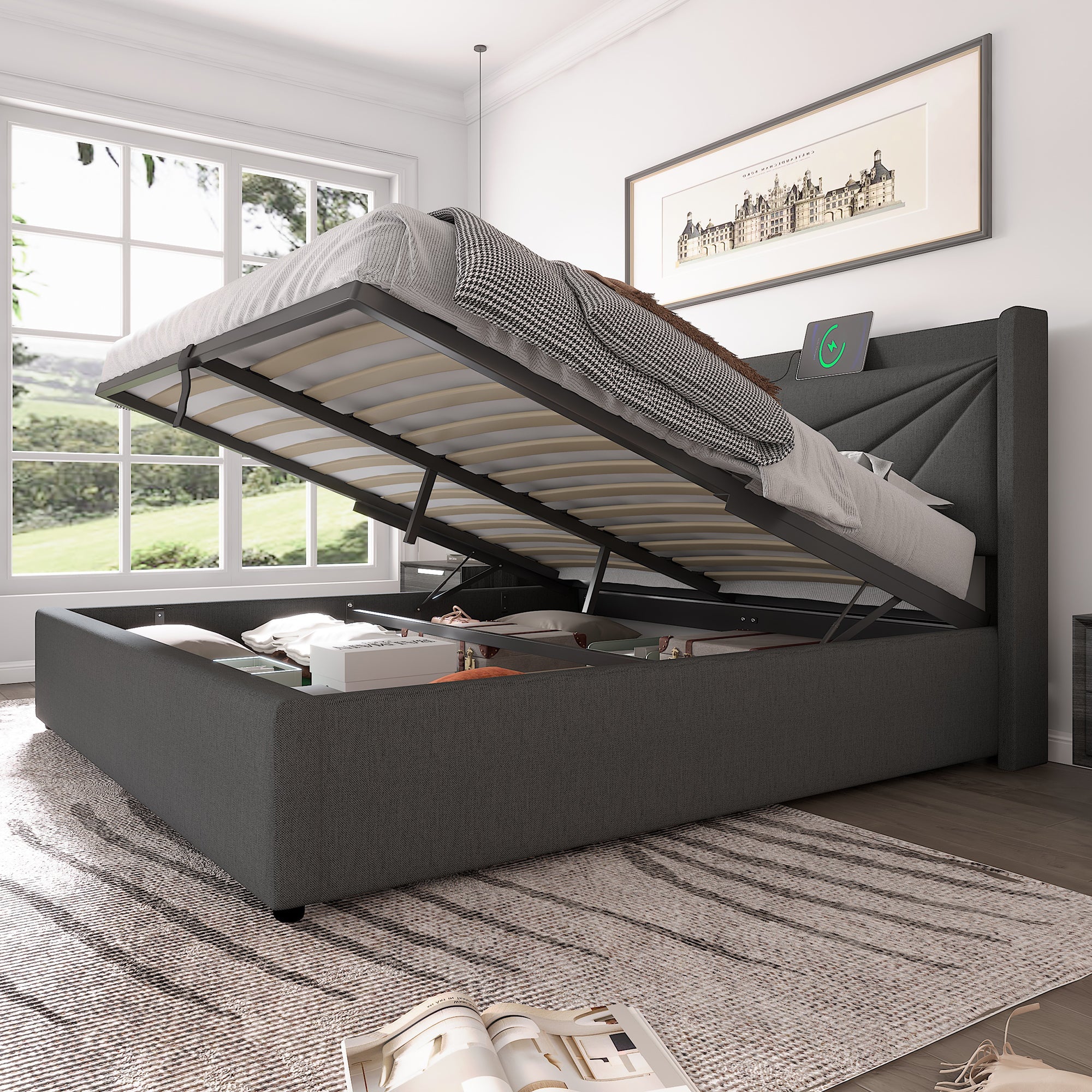 Logidon gestoffeerd bed opbergruimte USB Type C oplaadfunctie 160x200 grijs