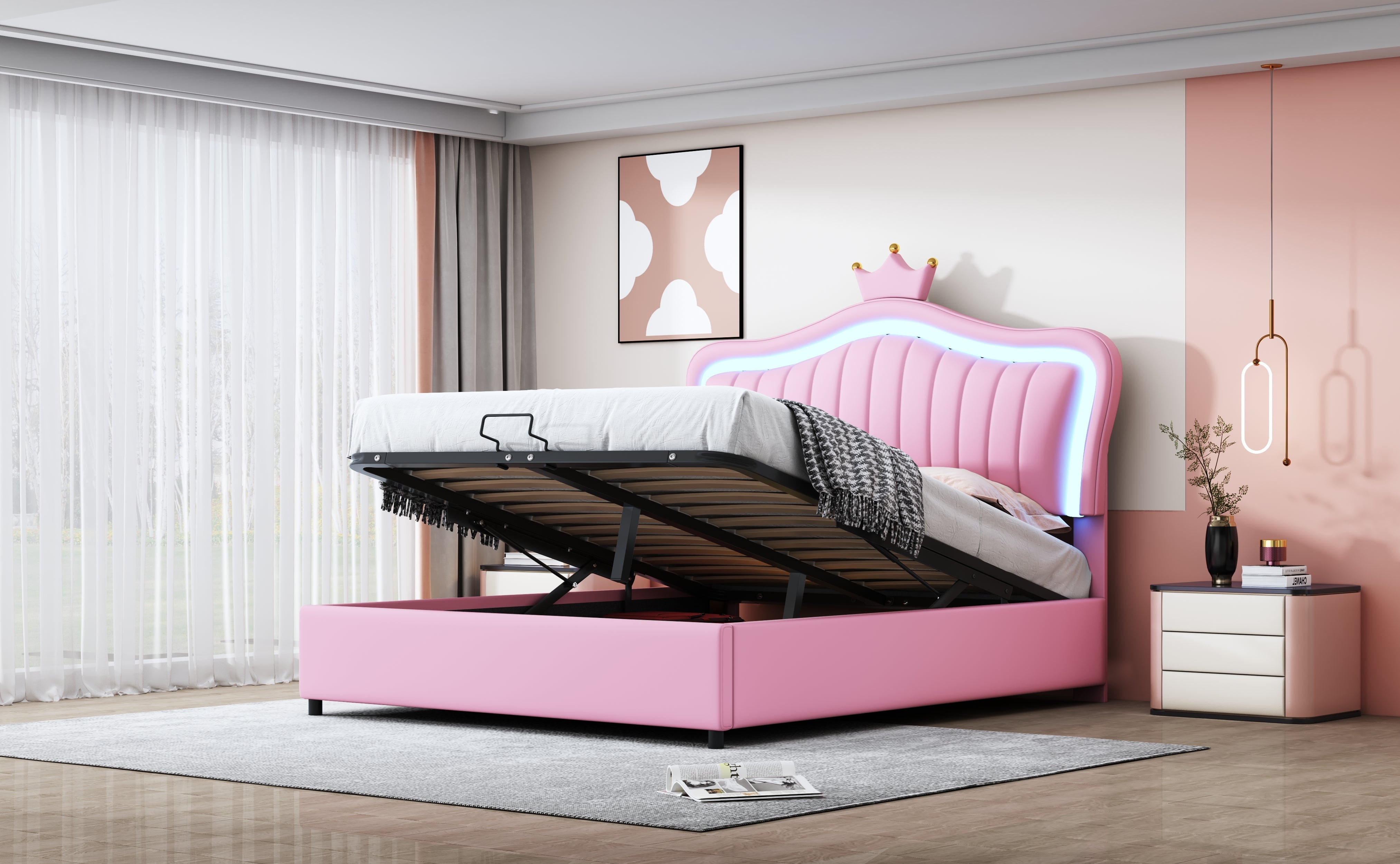 Logidon kinderbed 140x200 roze gestoffeerd bed met hydraulische opbergruimte