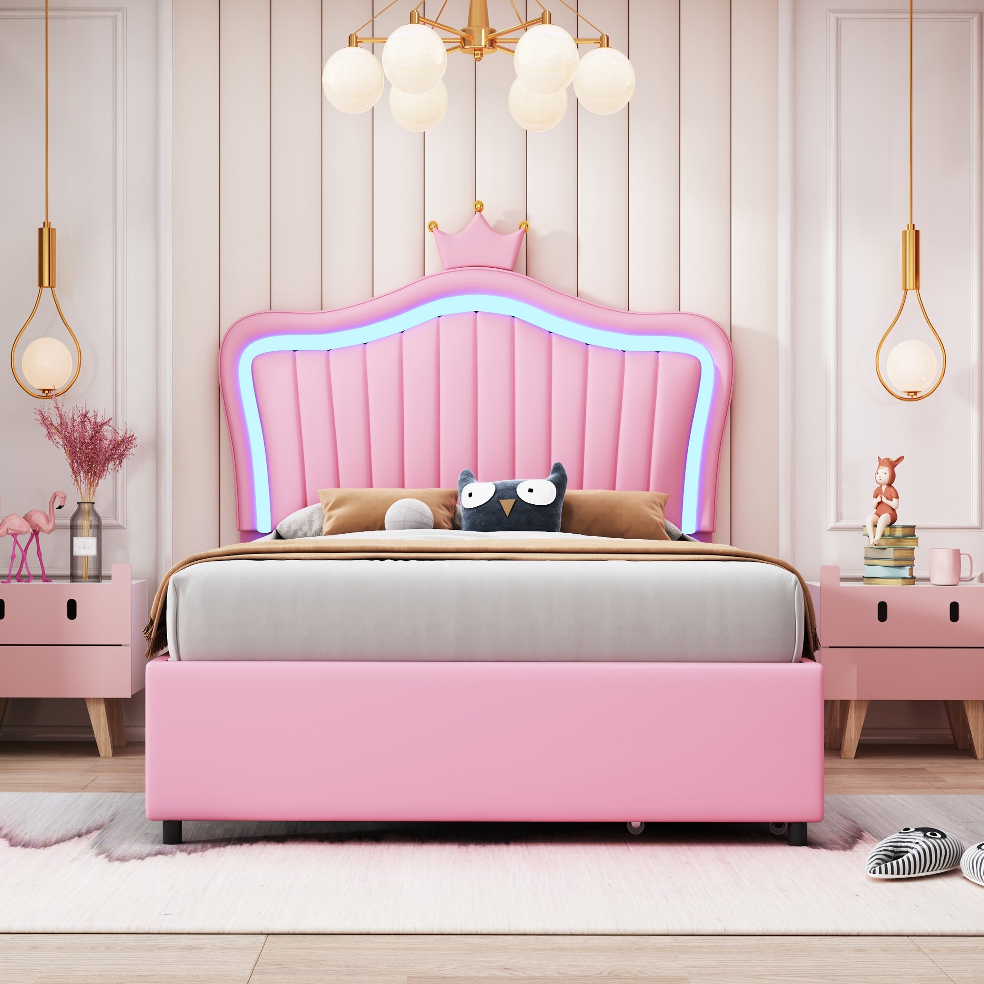Logidon kinderbed roze 90x200 gestoffeerd bed met LED verlichting