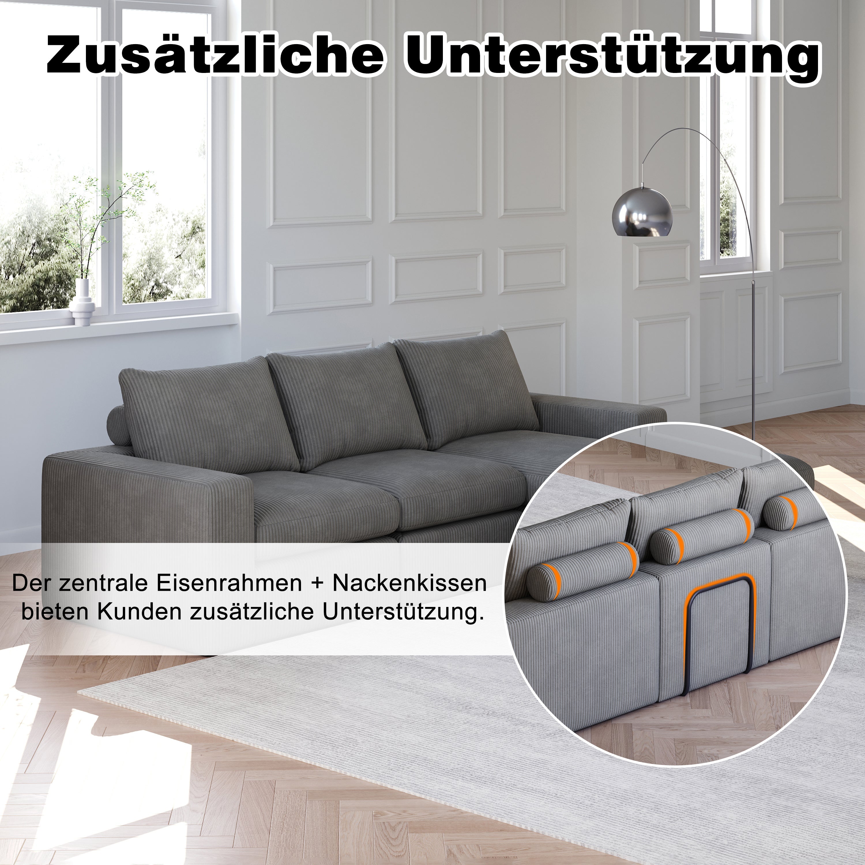 Logidon Gray Cord Sofa With Chaise Longue L Shape Three Cushions