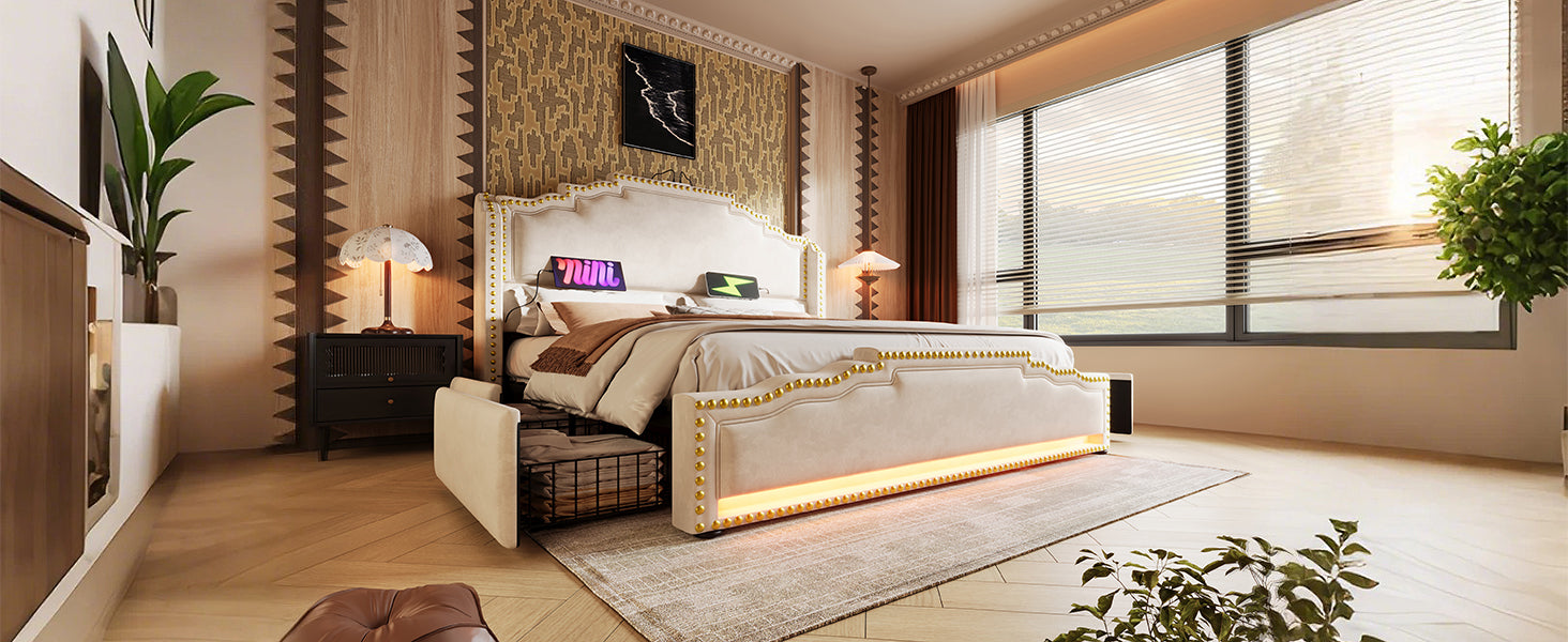 Logidon gestoffeerd bed 160x200 beige fluweel met 4 lades LED USB C