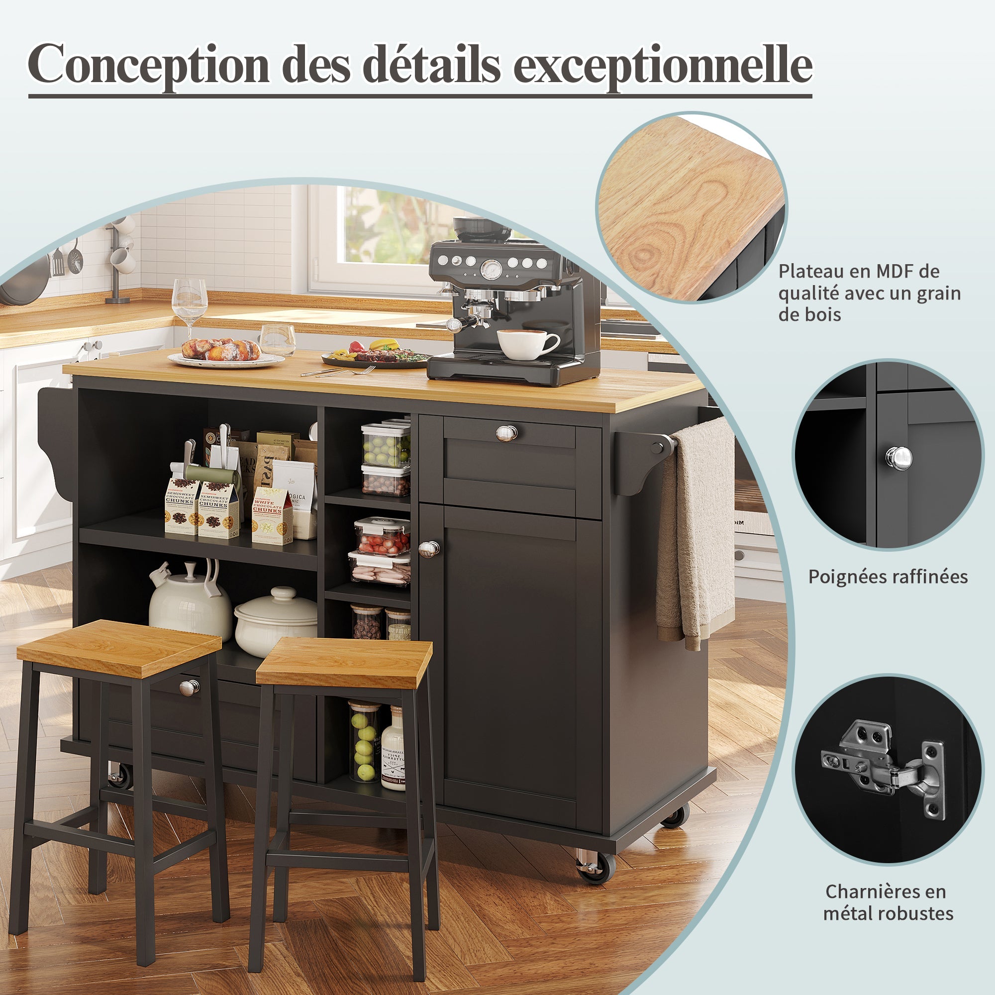 Logidon dining room trolley black with wooden top, drawers and cupboards