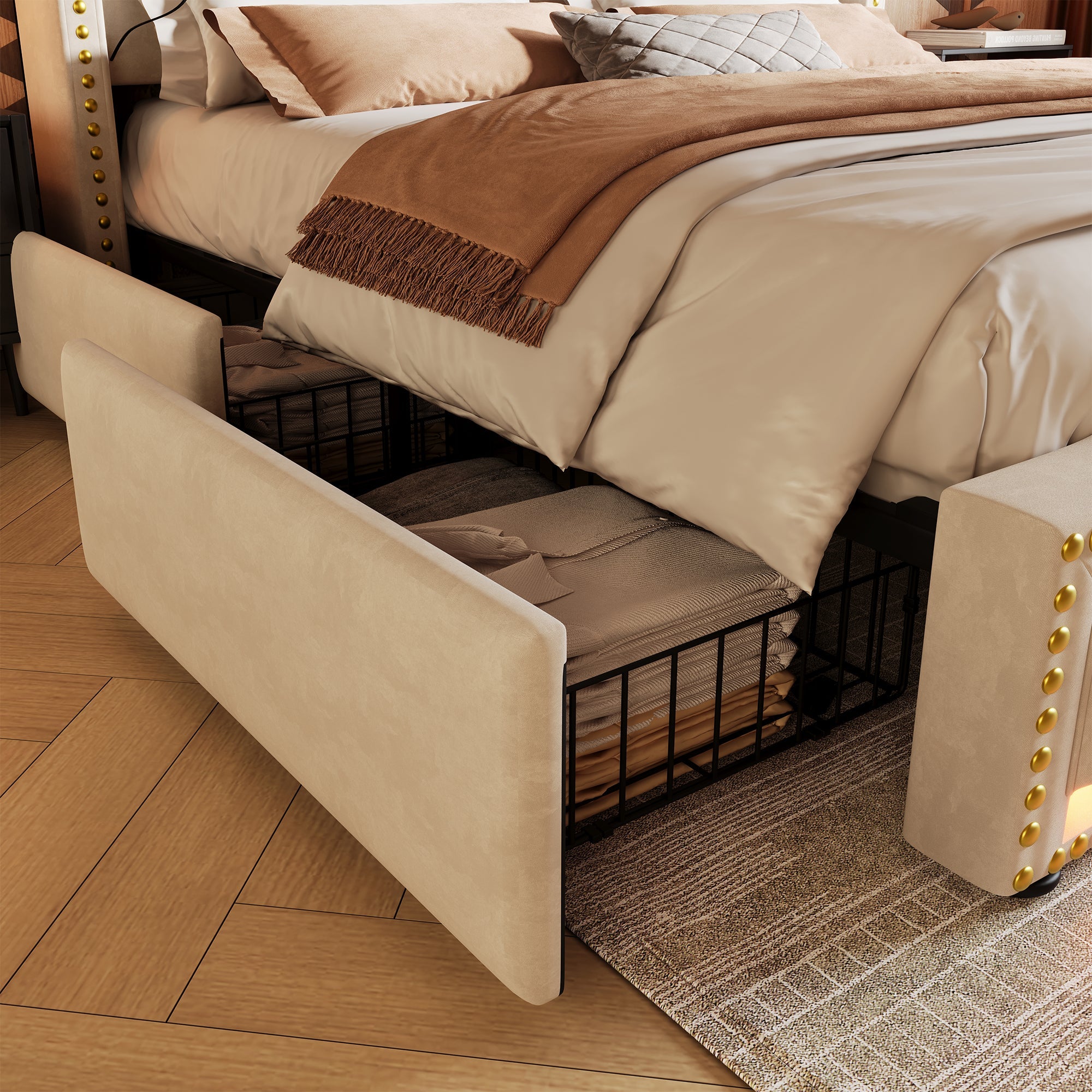 Logidon Upholstered Bed 160x200 Beige Velvet With Four Drawers LED USB C