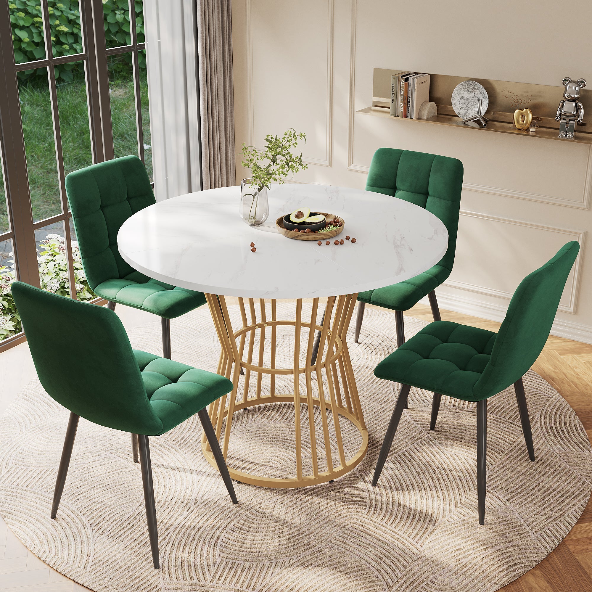 Logidon Eettafelset 100 cm Witte MDF Tafel Gouden Poten Groene Stoelen