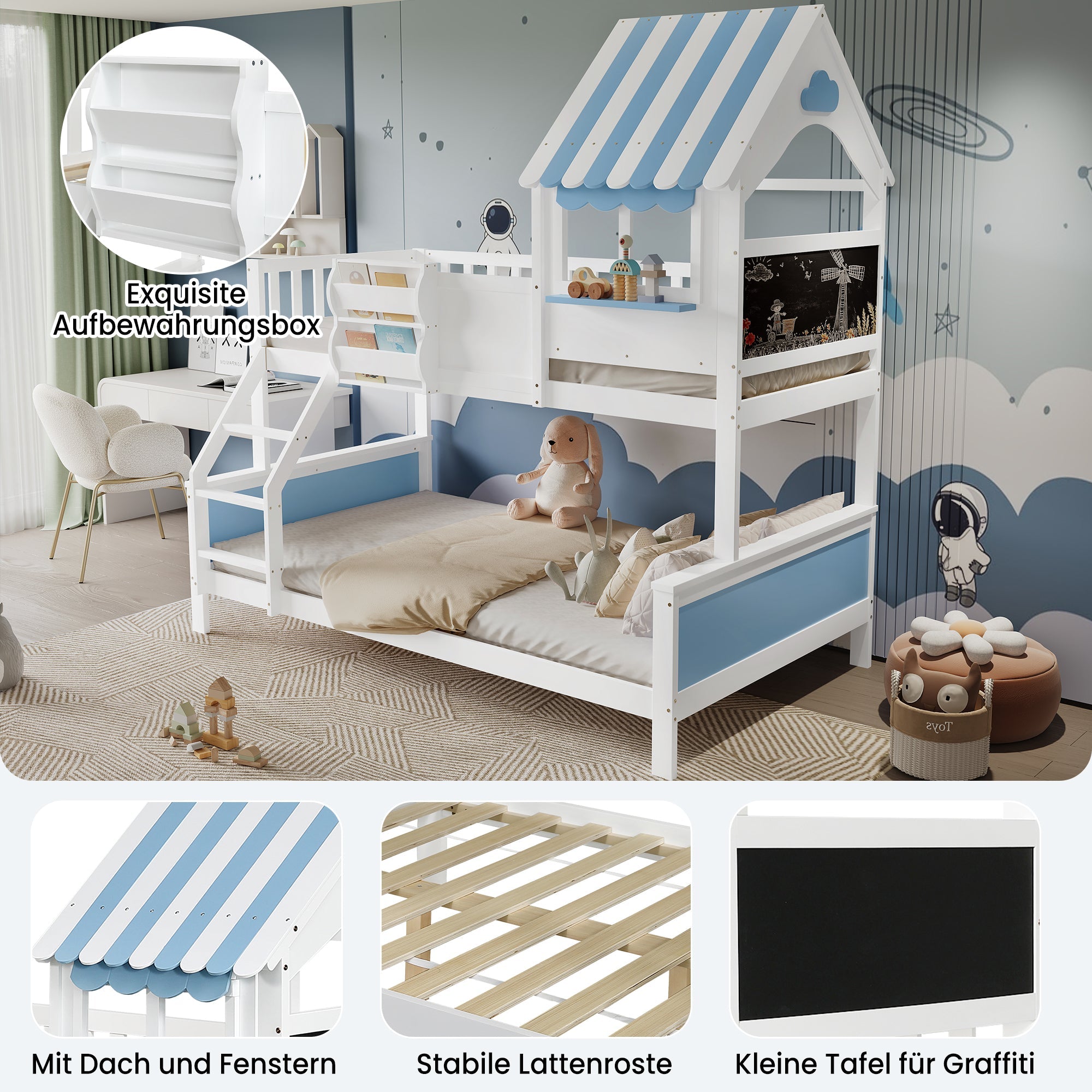 Logidon stapelbed kinderbed met opbergruimte 90x200/120x200 wit-blauw