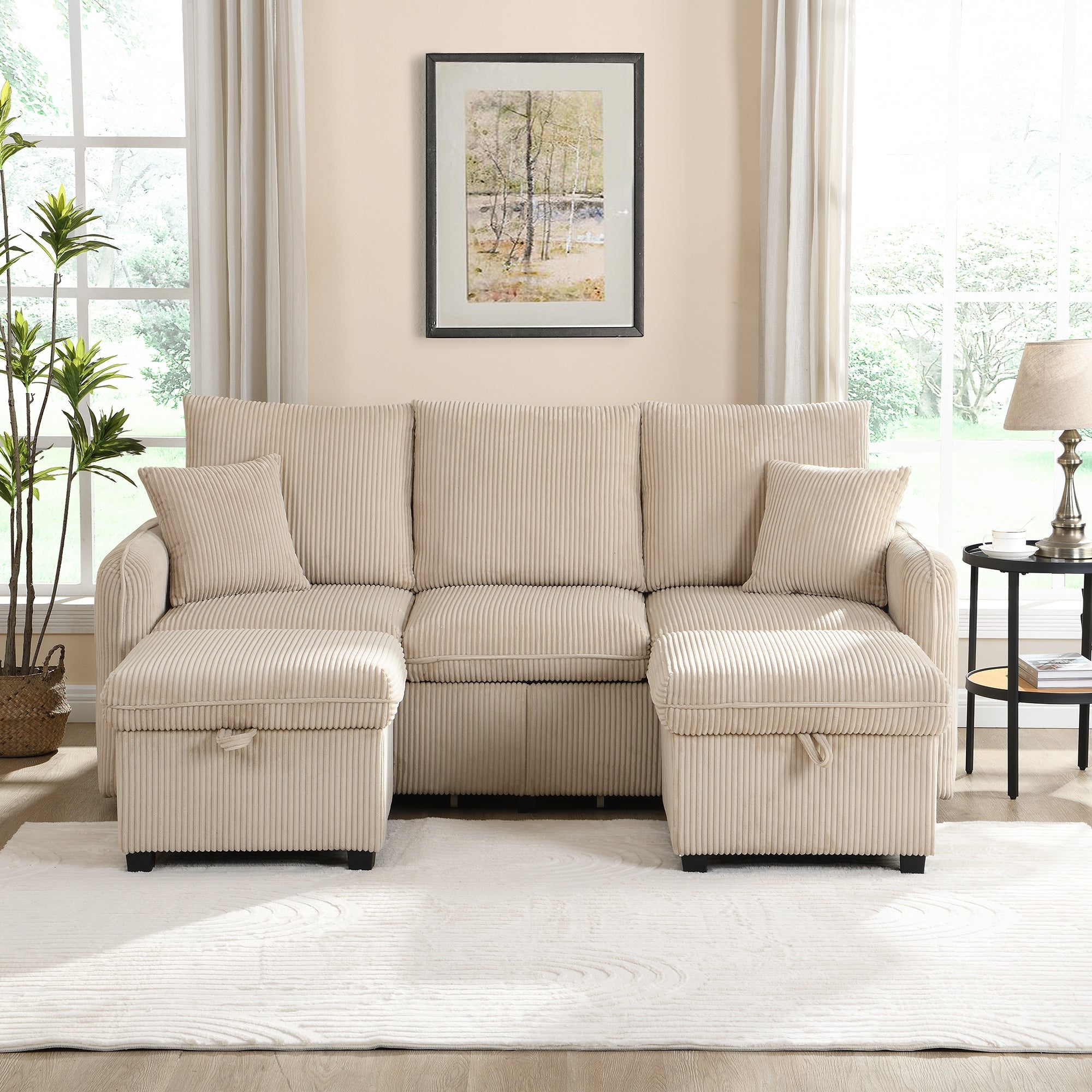 Logidon hoekbank U-vorm beige corduroy stof met opbergvak en slaapfunctie