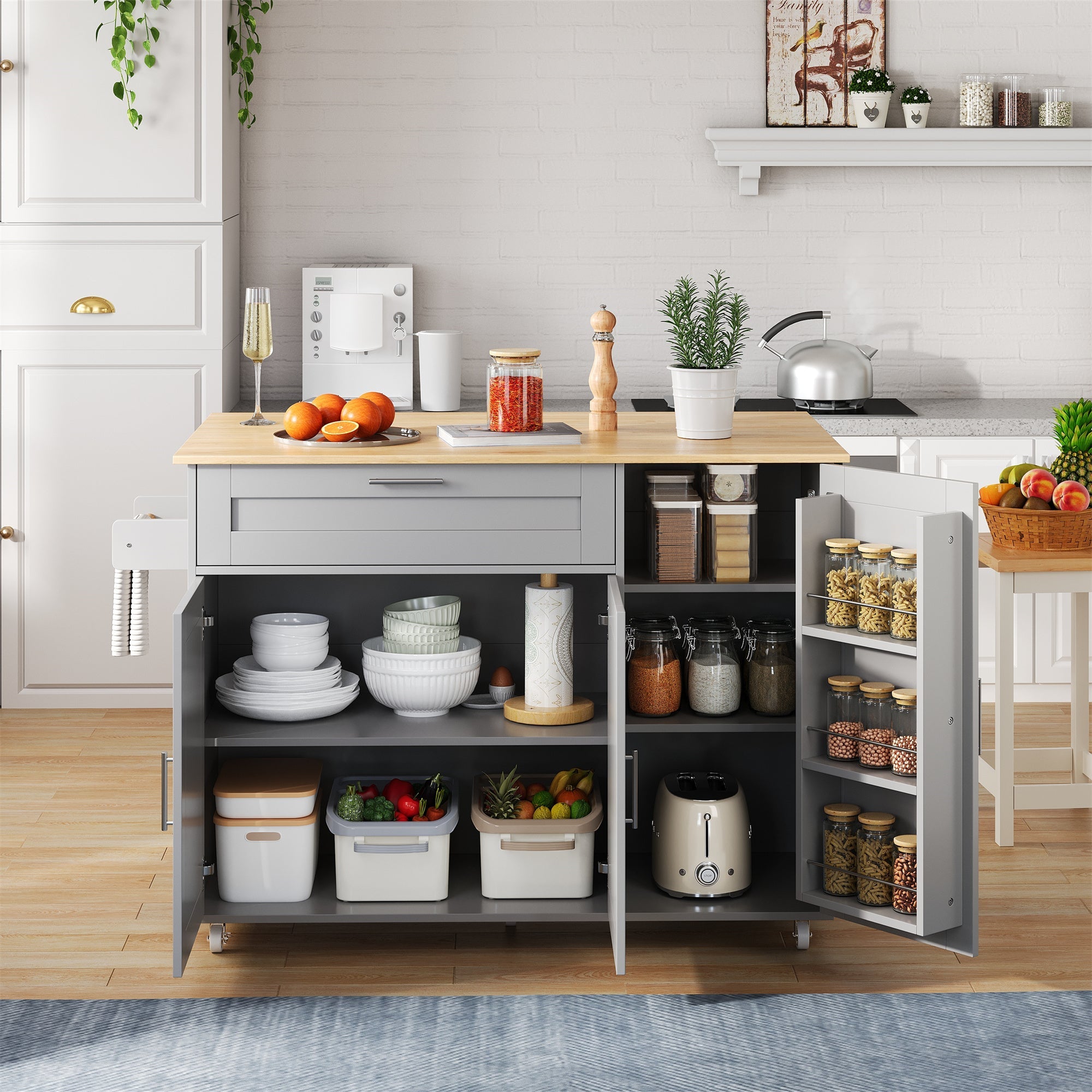 Logidon mobile kitchen table with folding top oak grain
