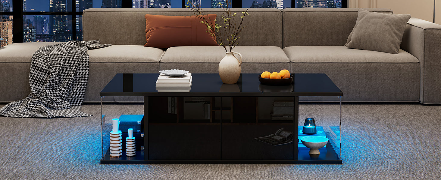 Logidon salontafel 100x50x30 cm zwart hoogglans LED 2 kasten
