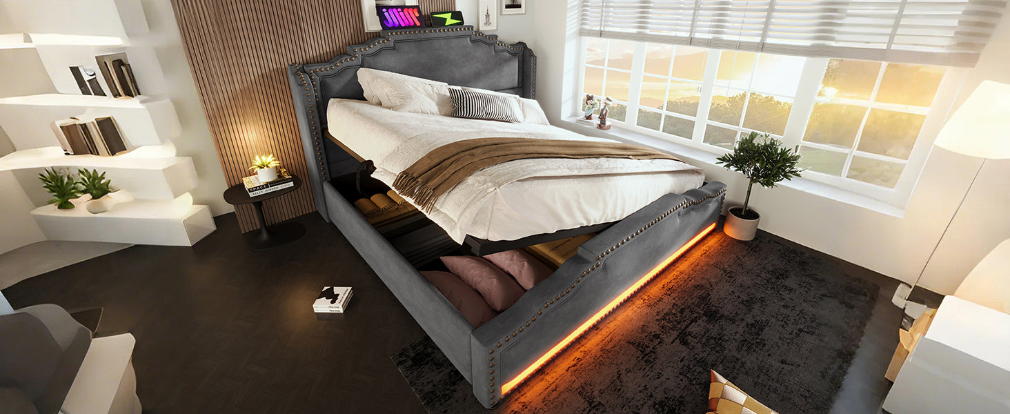 Logidon gestoffeerd bed 140x200 met hydraulische opbergruimte LED USB-C grijs