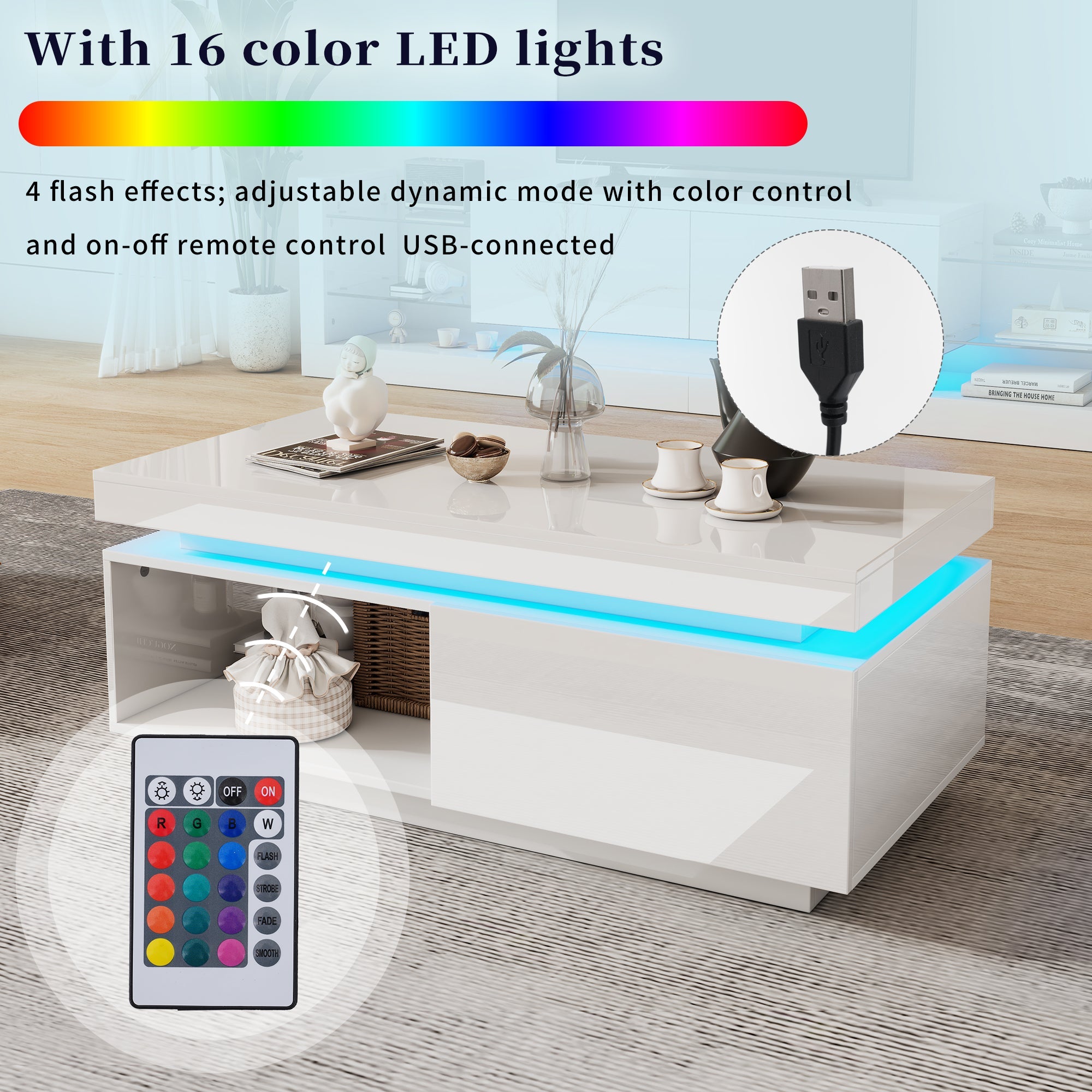 Logidon high gloss TV set white with LED lighting coffee table