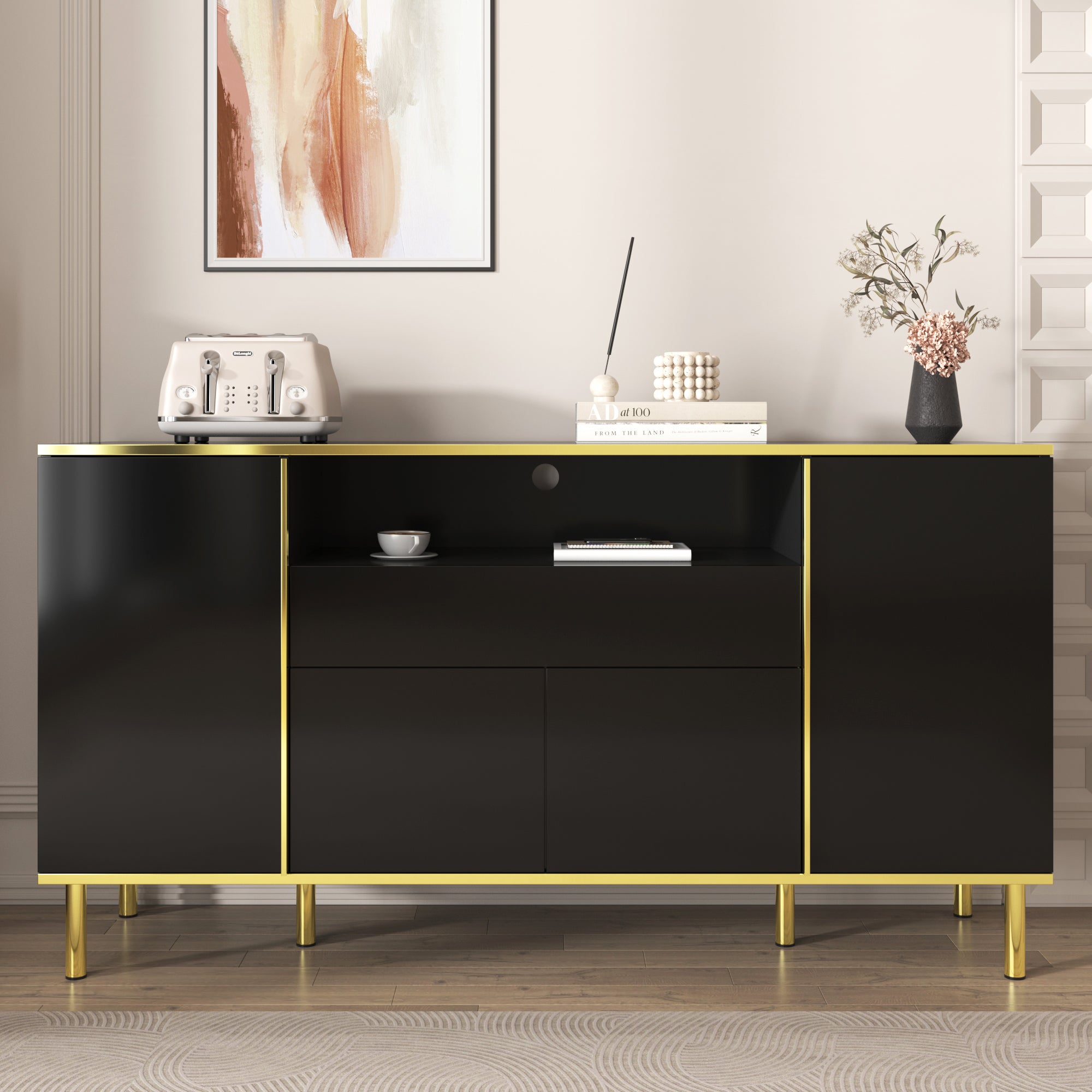 Logidon high-gloss sideboard black 150x40x80 with LED accents
