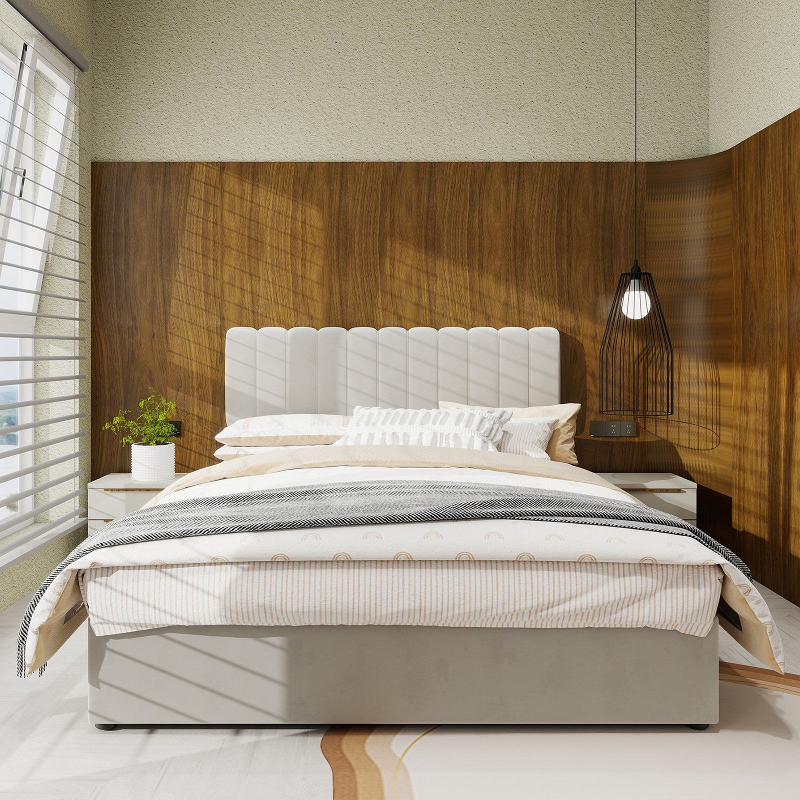 Logidon 160x200 cm gewatteerd bed beige met gasveer opbergruimte