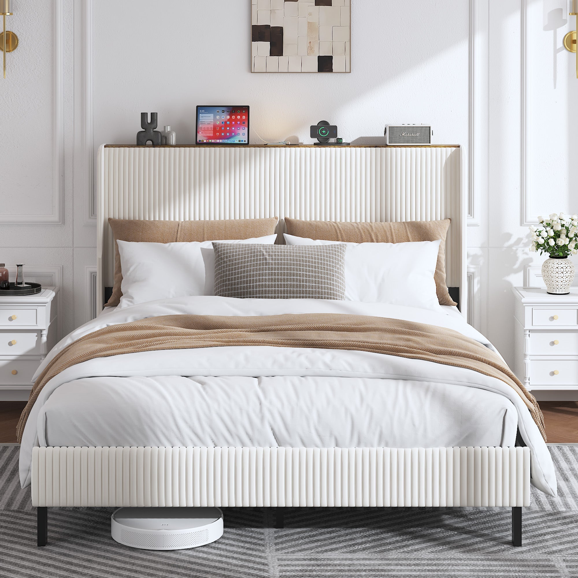 Logidon bedframe 160x200 gewatteerd platformbed, hoofdeinde van beige stof