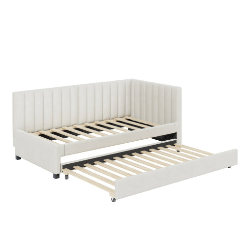 Logidon gestoffeerd bed 90x200 beige fluwelen stof uitschuifbare slaapbank