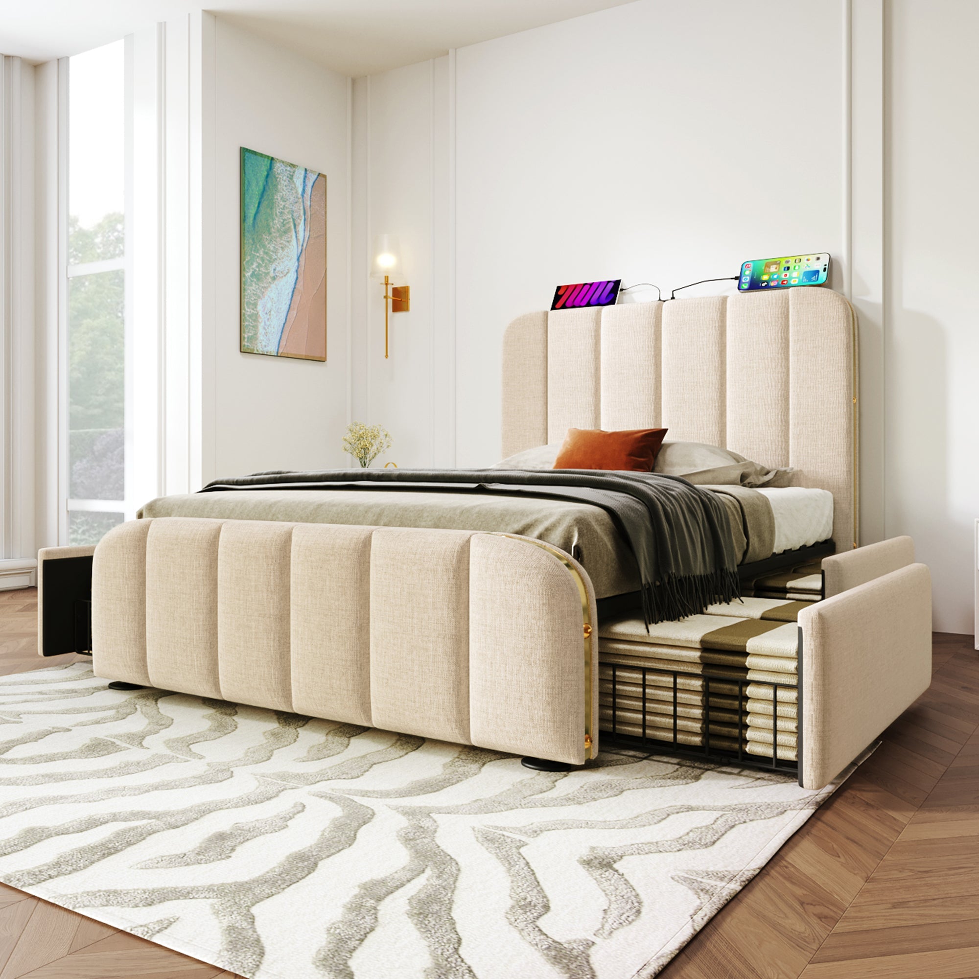 Logidon gestoffeerd bed 90x200 beige USB Type C oplaadfunctie 4 lades