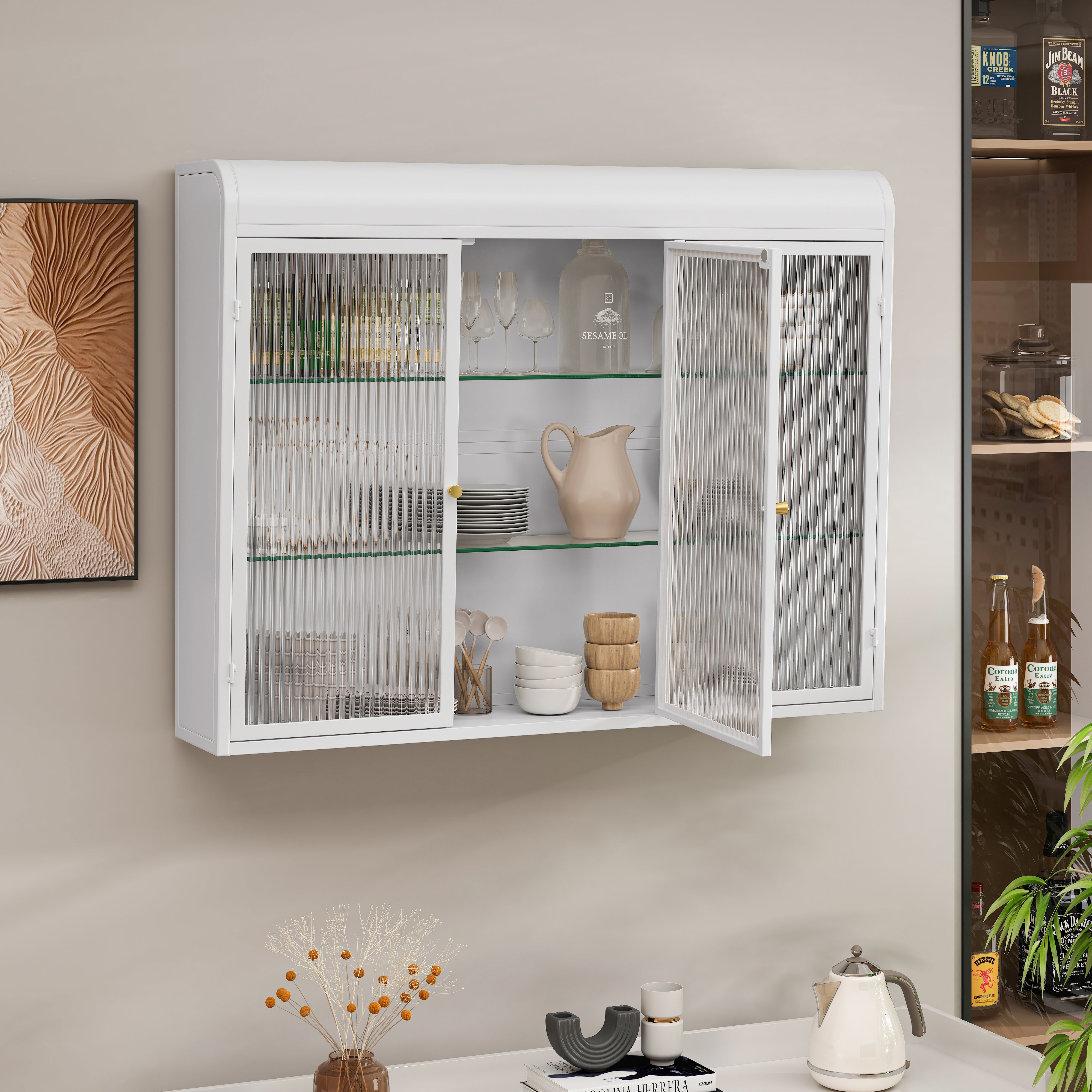 Logidon wandvitrinekast 3 deuren gebogen glas wit 90x20x70 cm
