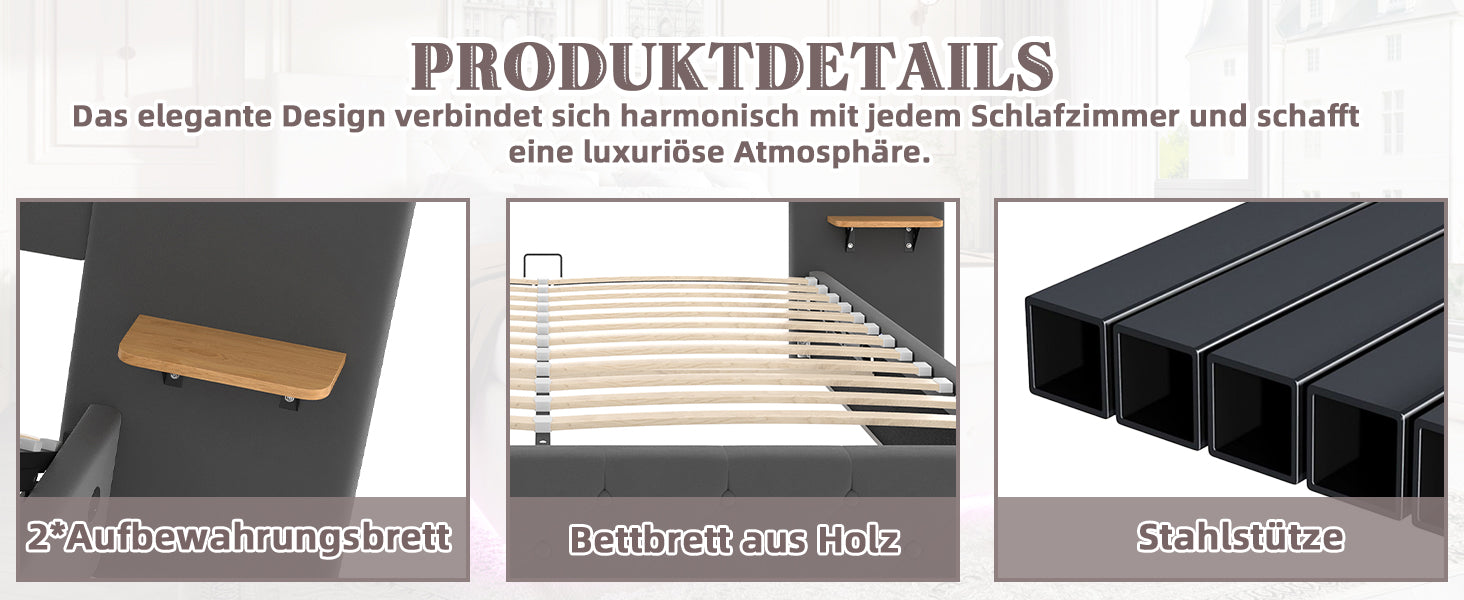 Logidon bedframe 140x200 cm grijs fluweel breed hoofdbord LED
