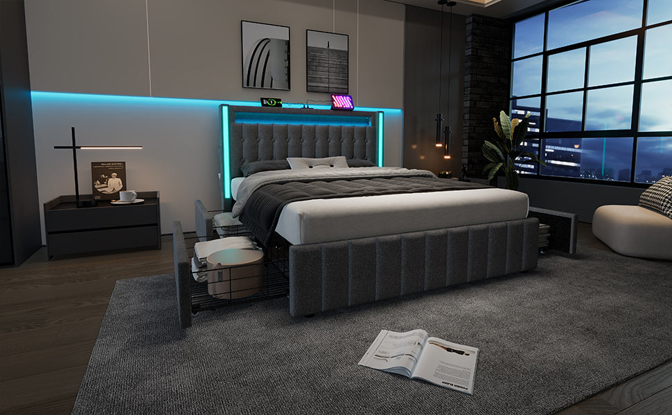Logidon upholstered bed 140x200 gray USB Type C charging function 4 drawers