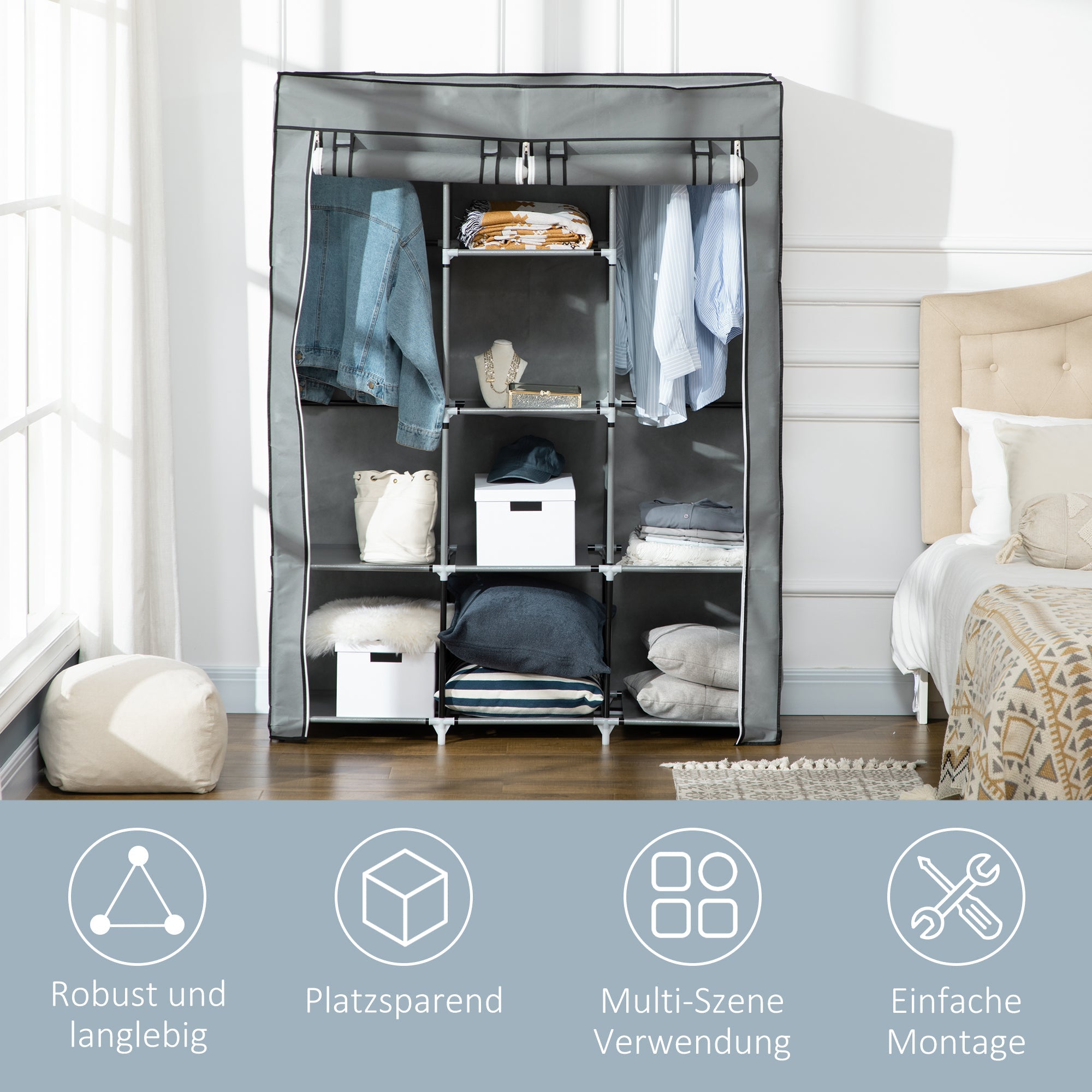 Logidon fabric wardrobe light gray 125x43x162 with clothes rails 8 levels