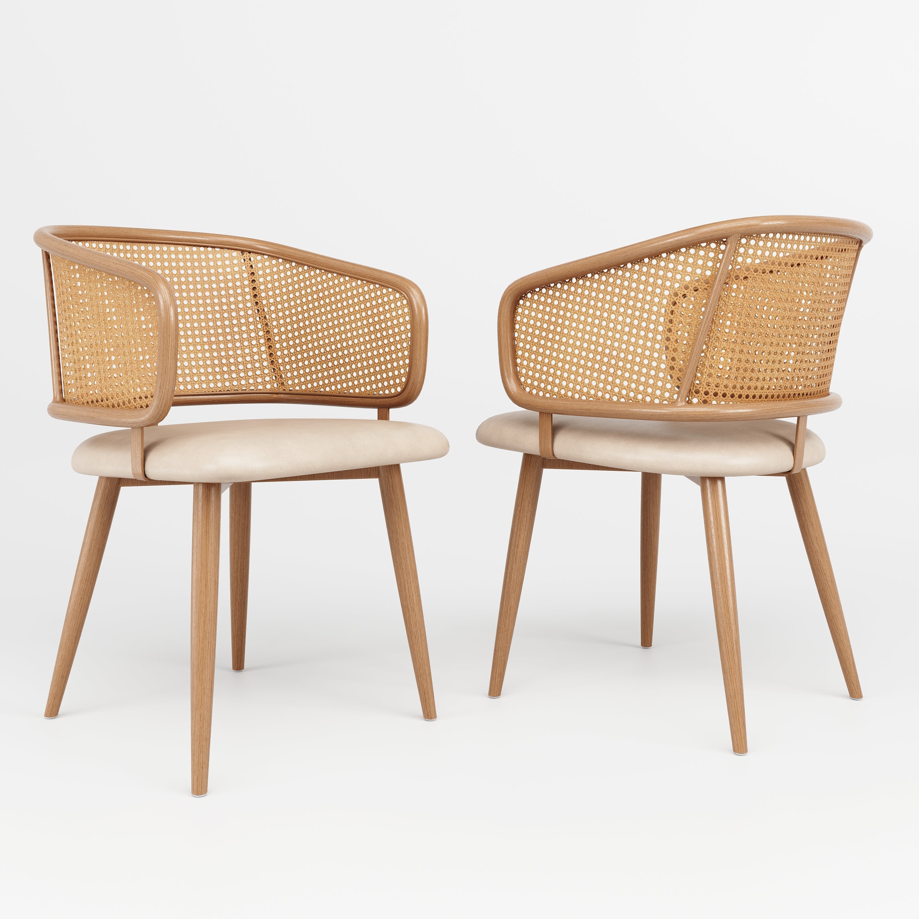 Logidon dining chairs with rattan backrest and PU leather cushions beige