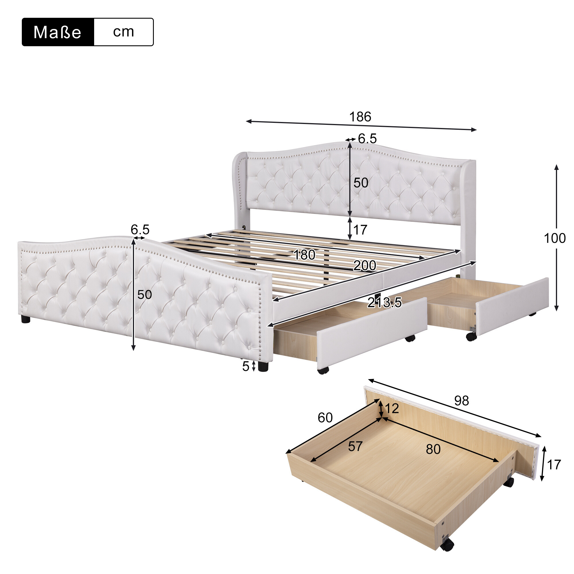 Logidon gestoffeerd bed 180x200 wit kunstleer met 2 lades