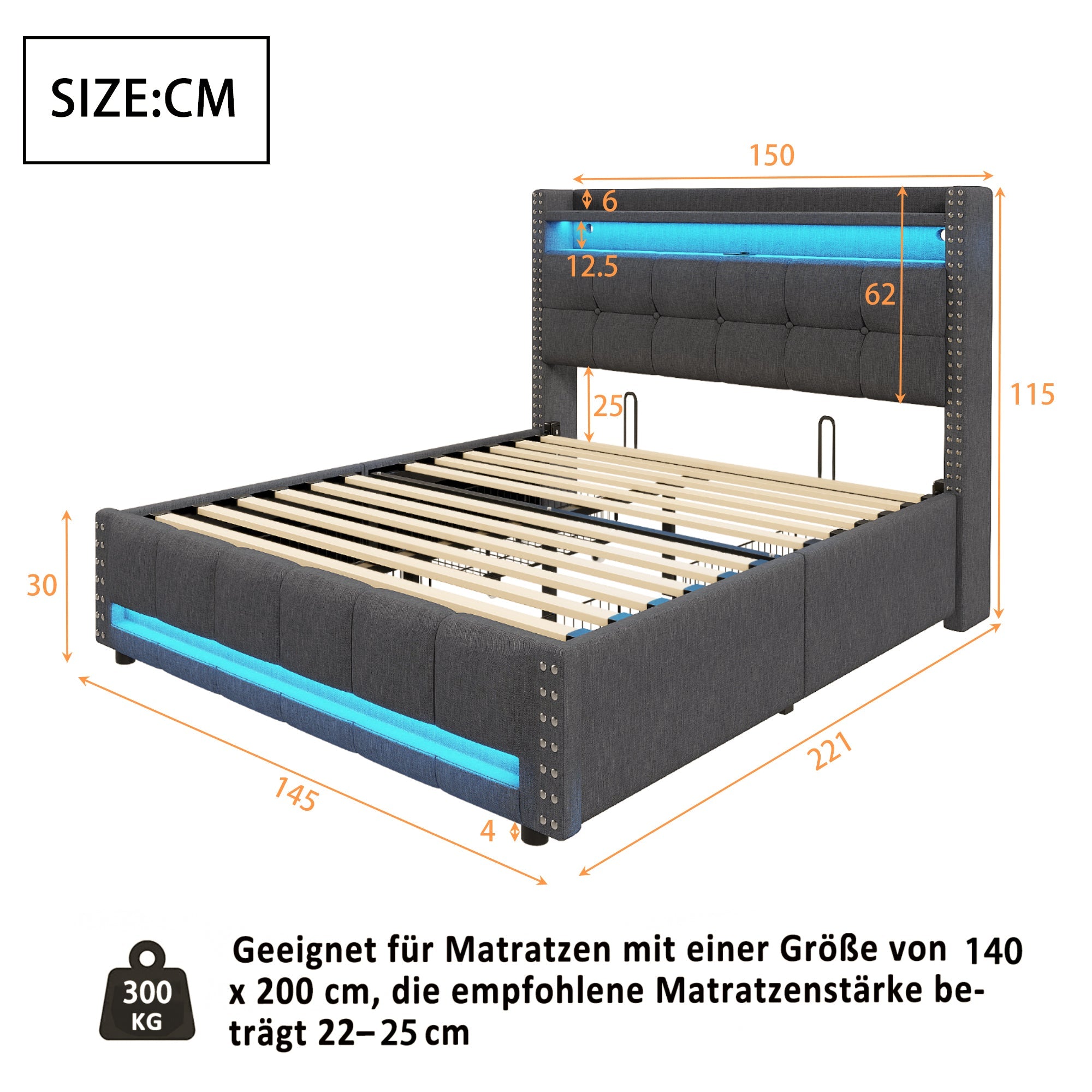 Logidon gestoffeerd bed 140x200 grijs met LED verlichting USB