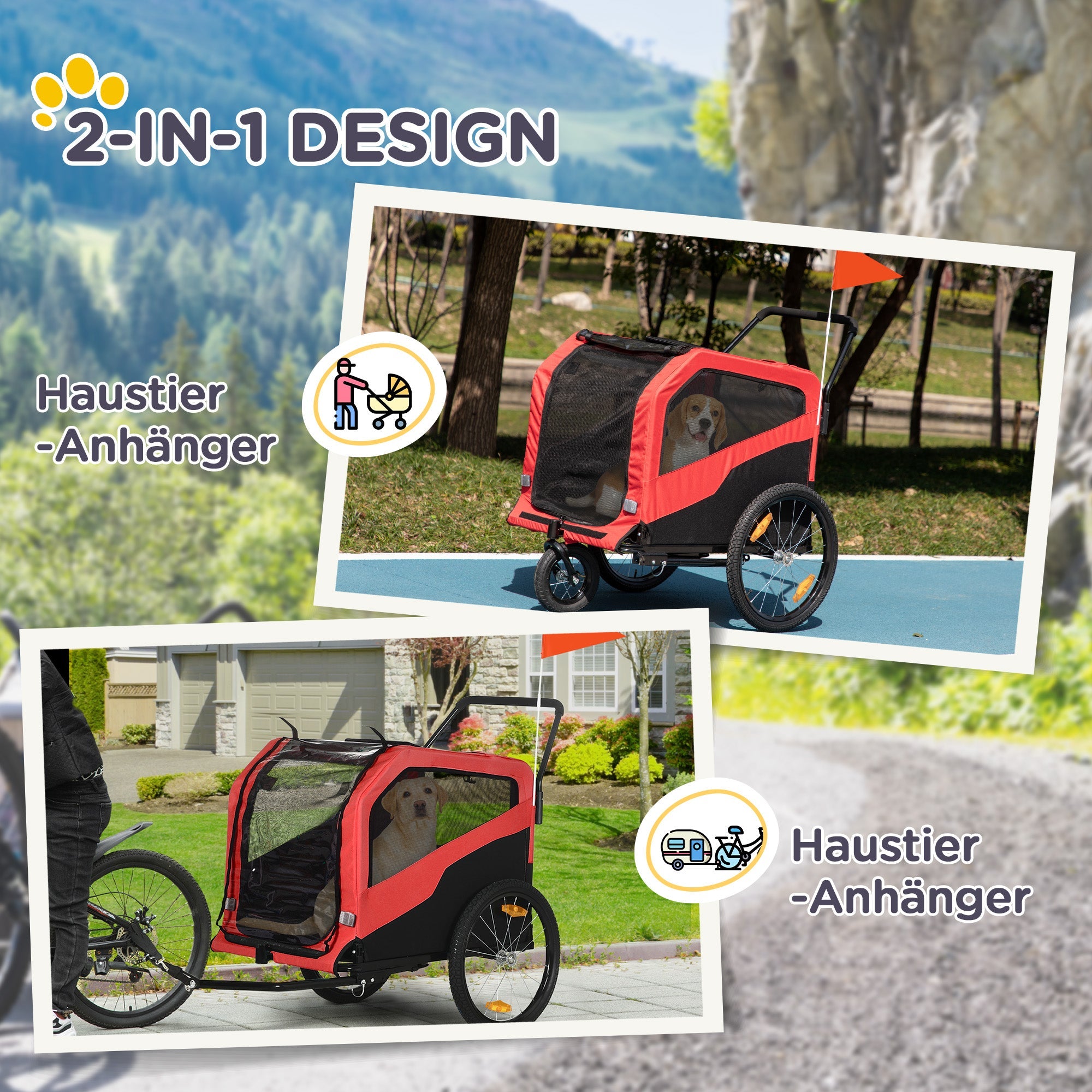 Logidon 2-in-1 hondenkar en hondenbuggy rood voor grote honden tot 30 kg