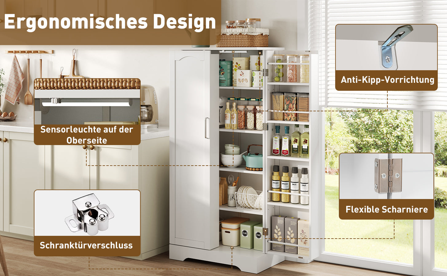 Logidon 60x35x128cm witte keukenkast LED-sensorlicht verstelbare planken
