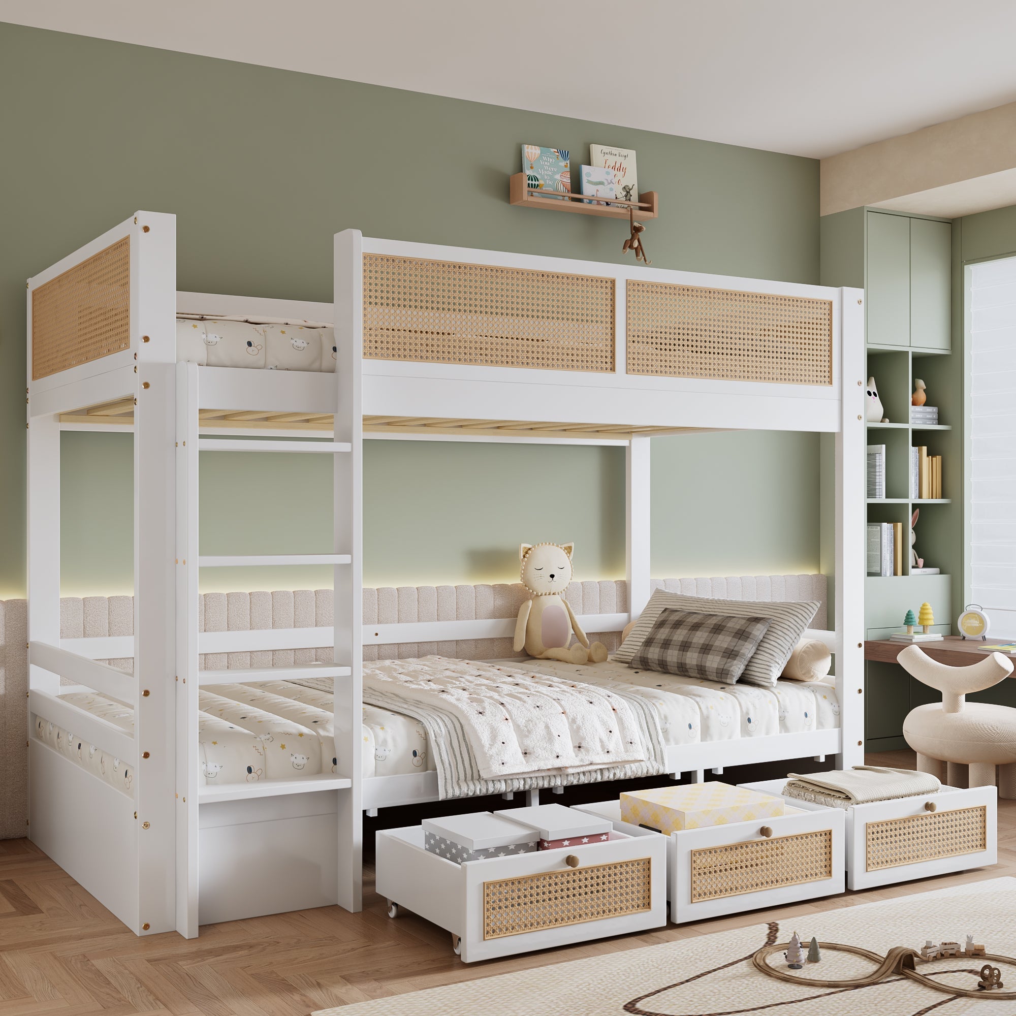 Logidon stapelbed 90x200 cm wit met rotan hekwerk drie lades