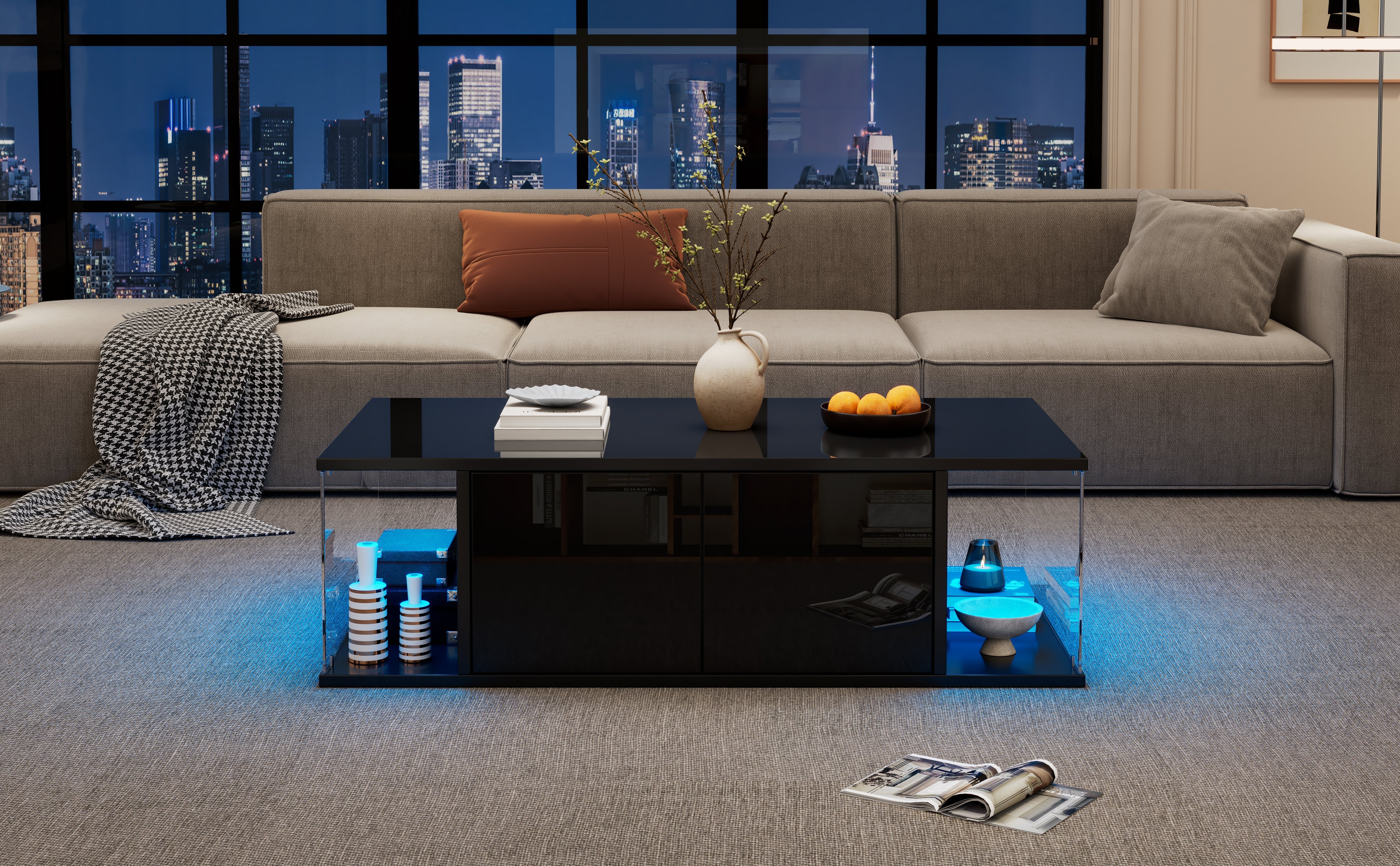 Logidon salontafel 100x50x30 cm zwart hoogglans LED 2 kasten