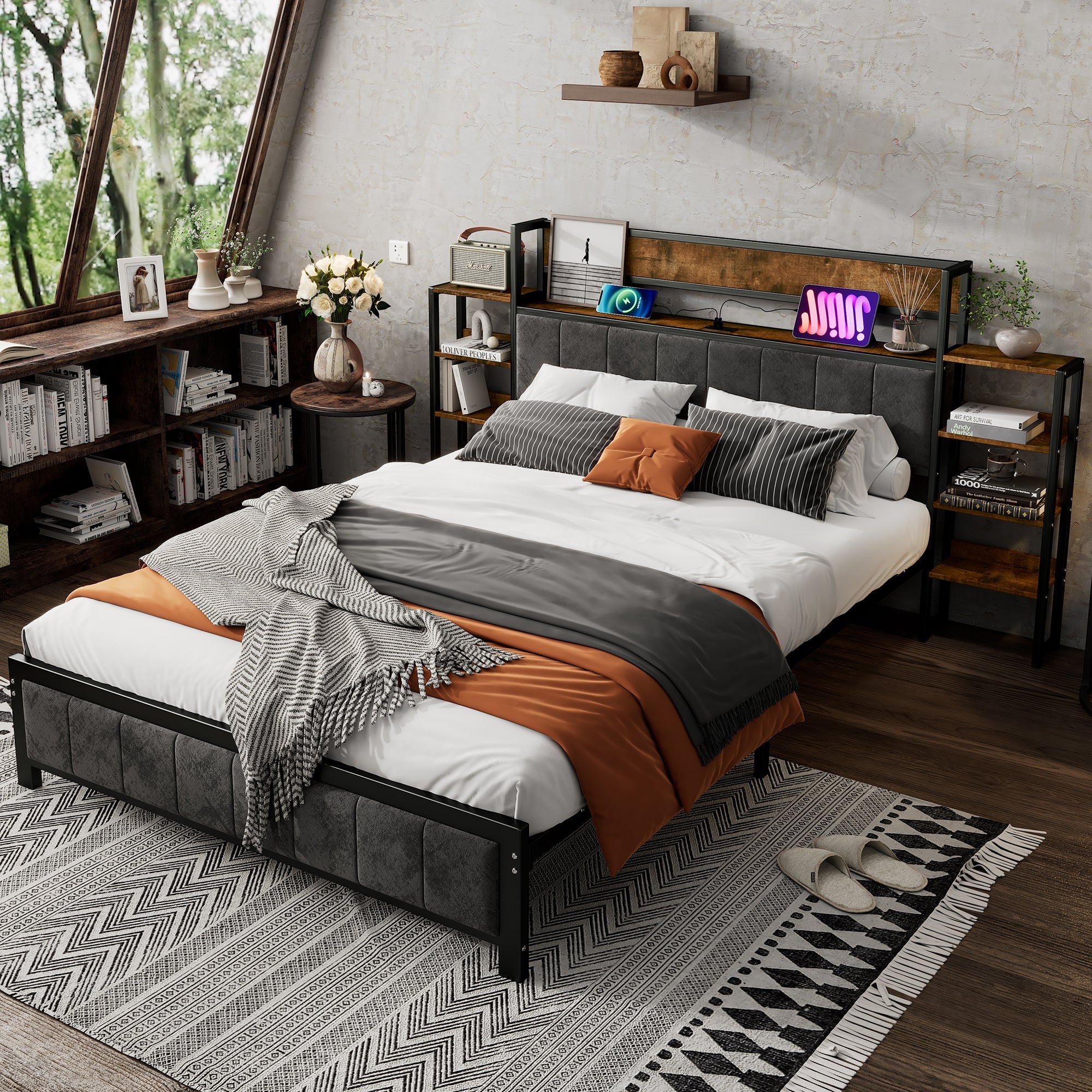 Logidon metalen bed 140x200 met opbergruimte USB-poorten zwart walnoot