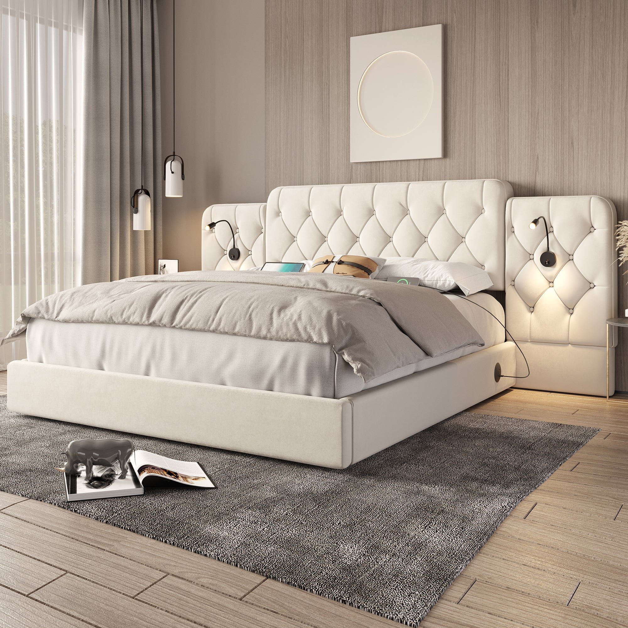 Logidon bedframe beige fluweel met lang hoofdeinde en USB-poorten