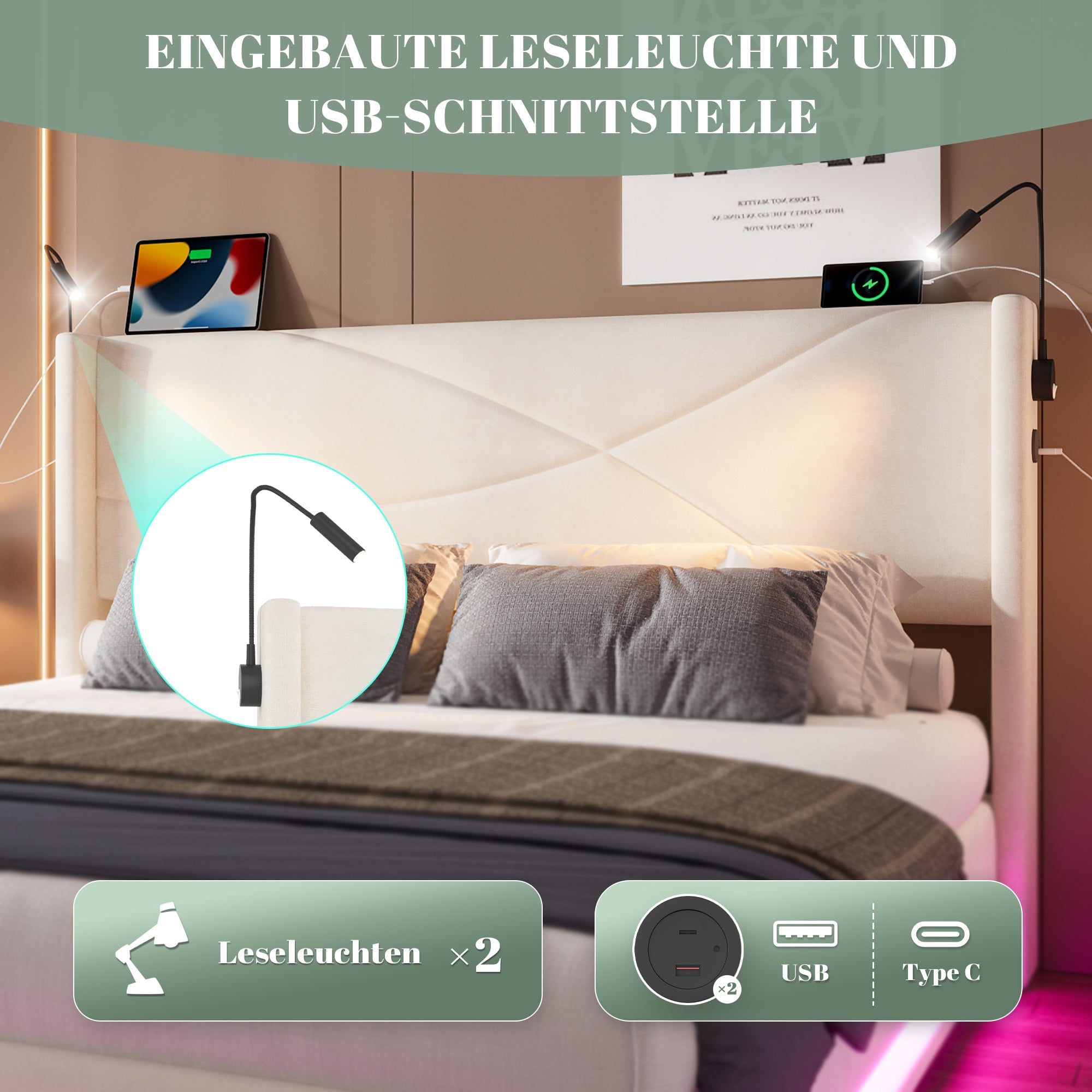 Logidon bedframe 160x200 cm beige fluweel met opbergruimte LED