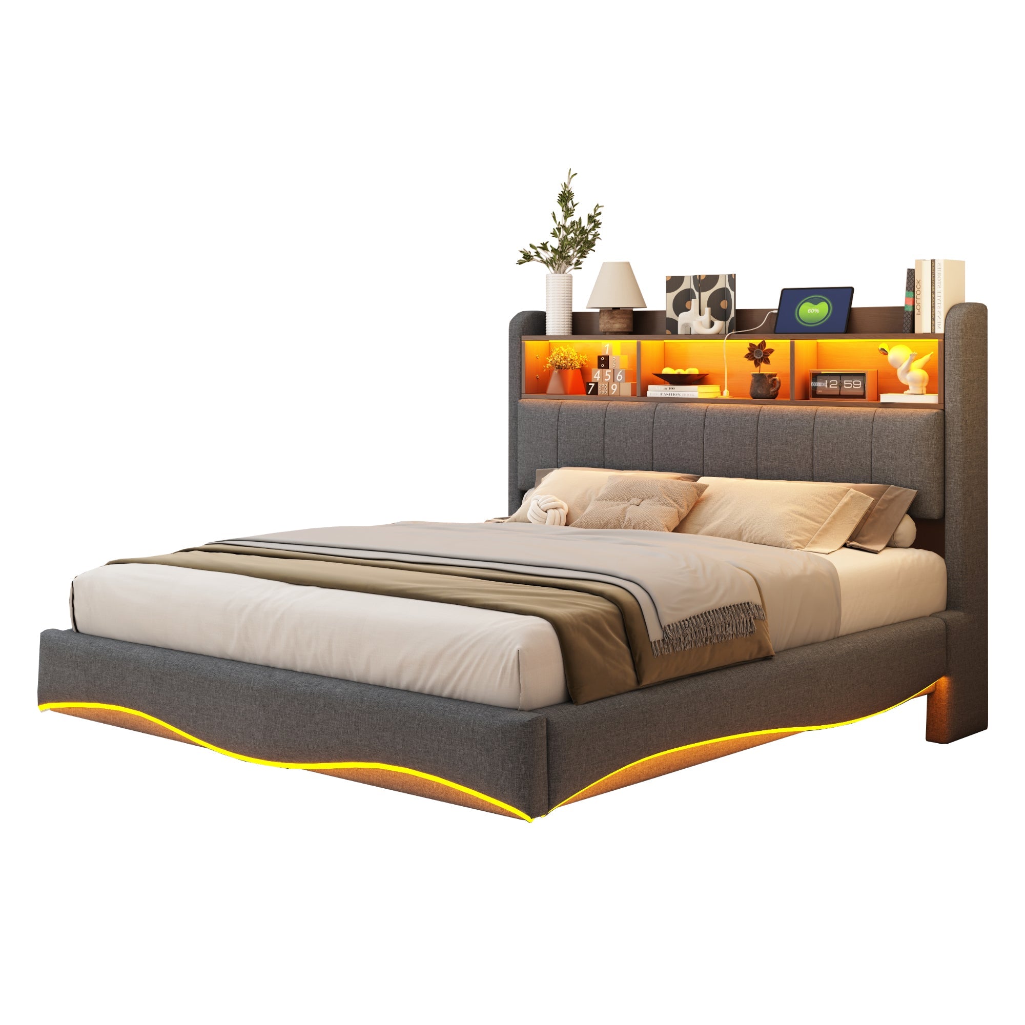 Logidon gestoffeerd bed 140x200 grijs met LED-licht USB opbergruimte