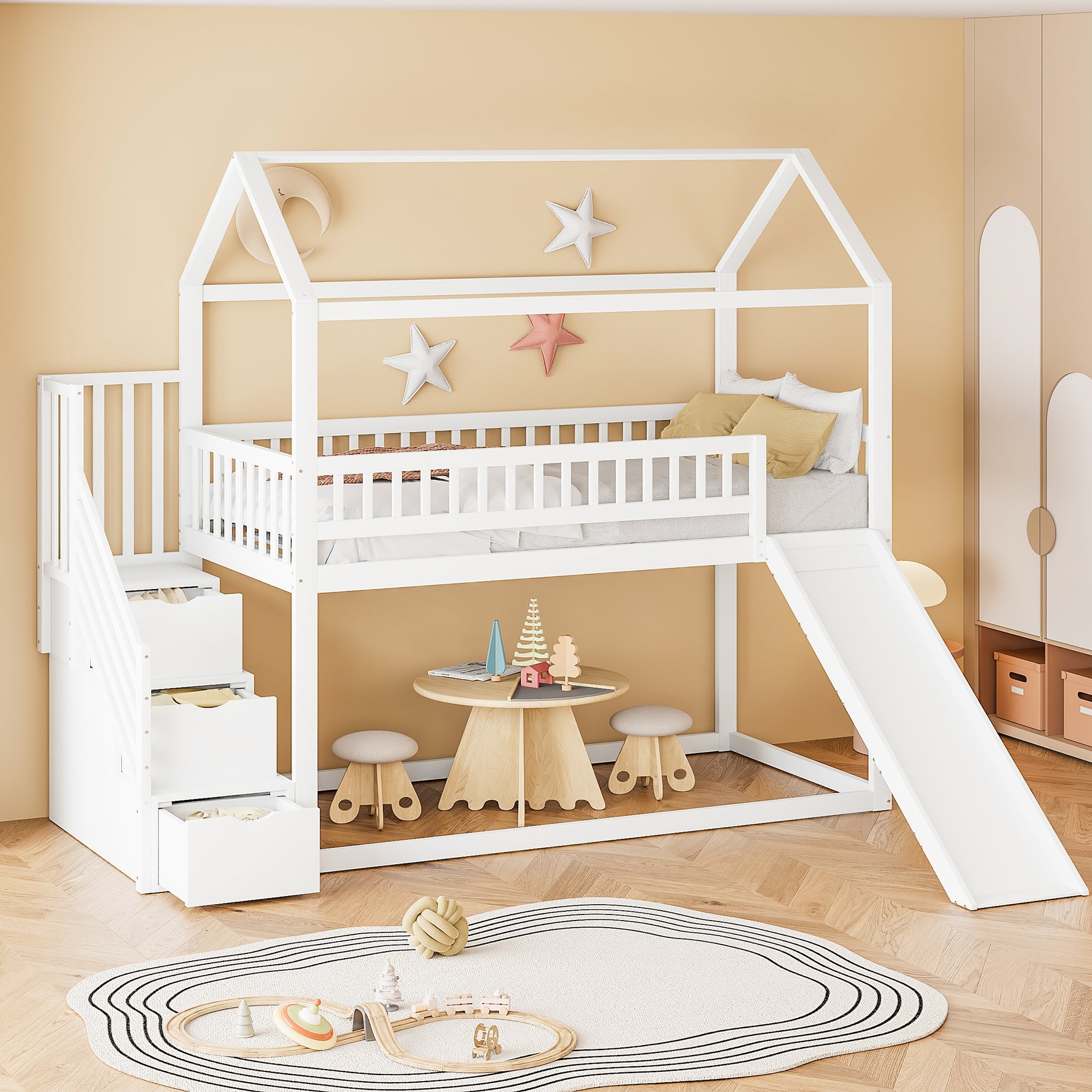 Logidon hoogslaper kinderstapelbed 90x200 wit glijbaan met opbergladder