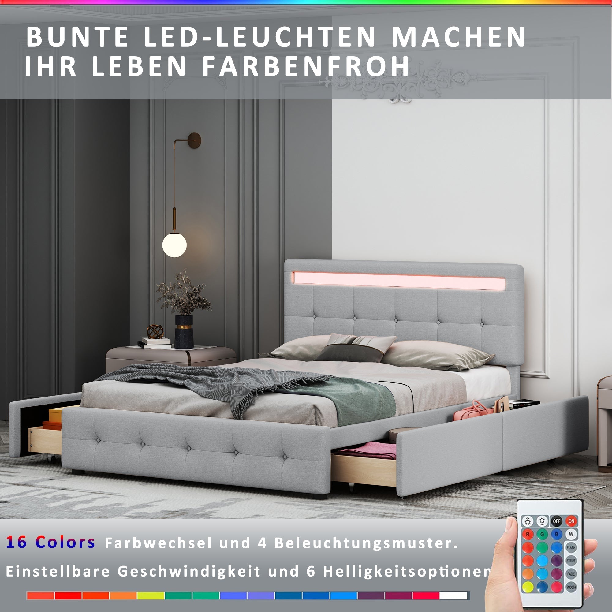 Logidon gestoffeerd bed 140x200 cm met LED hoofdbord en bedkast