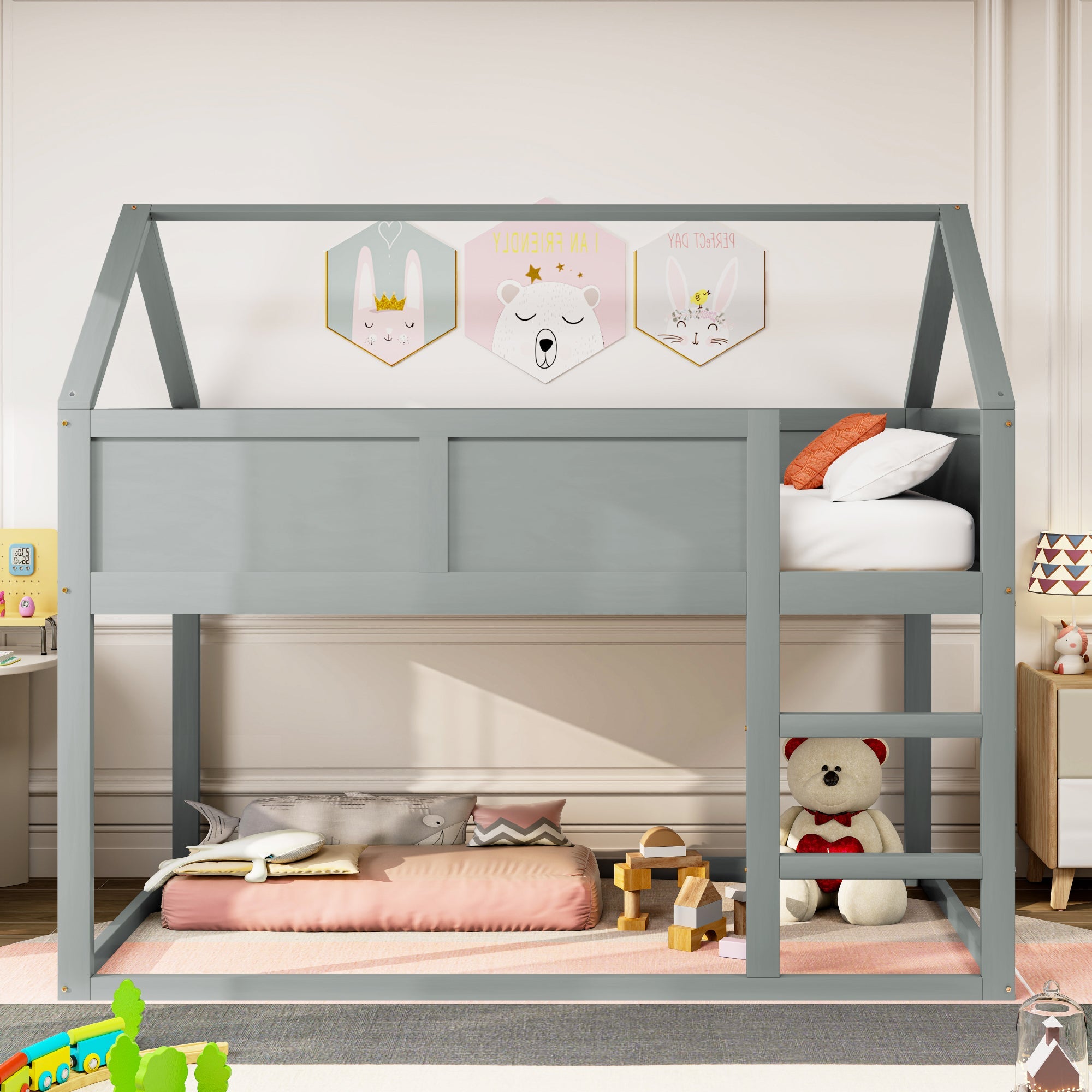 Logidon laag kinderbed 90x200 grijs met trap massief hout
