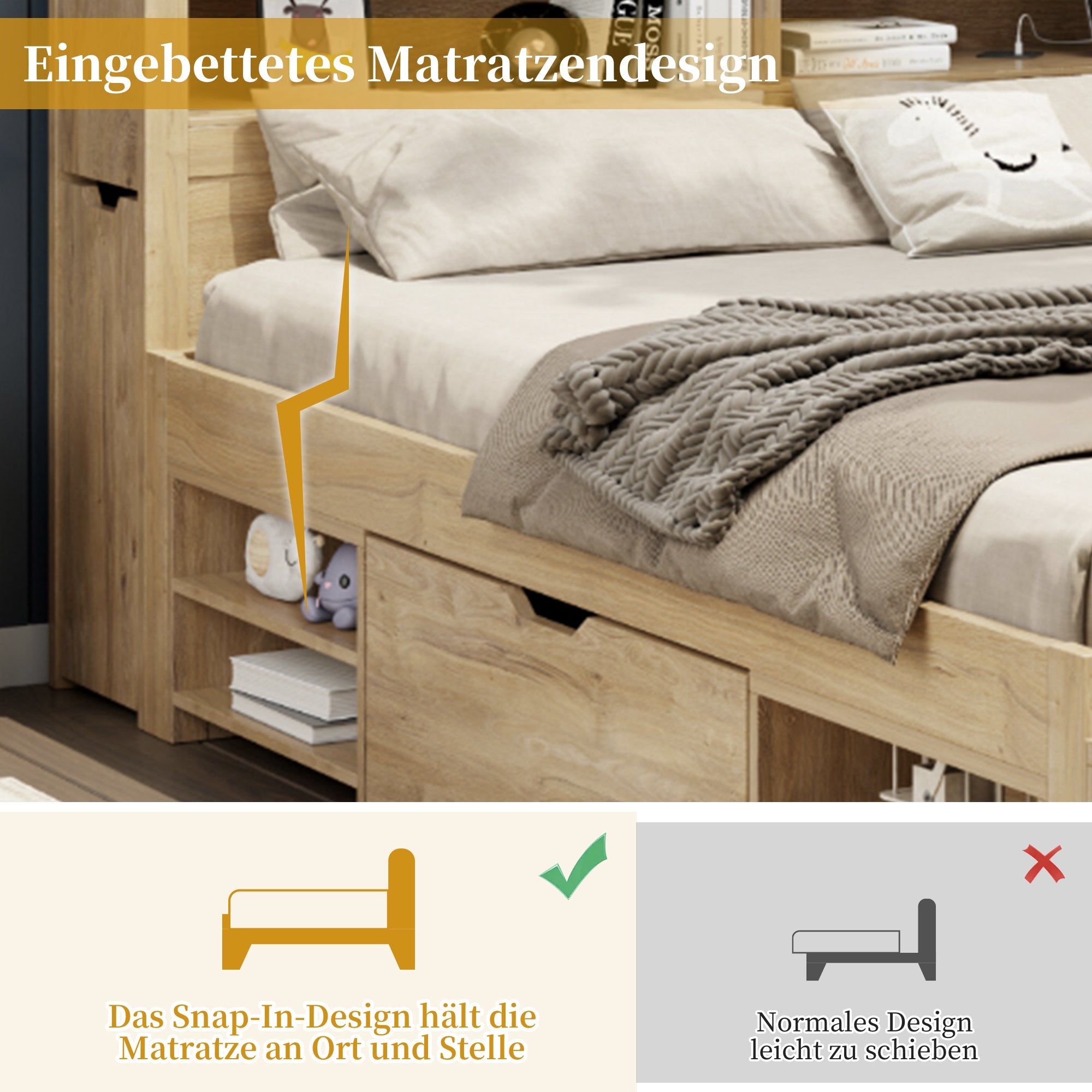 Logidon kinderbed 90x200 cm naturel hout met opbergruimte en opladen