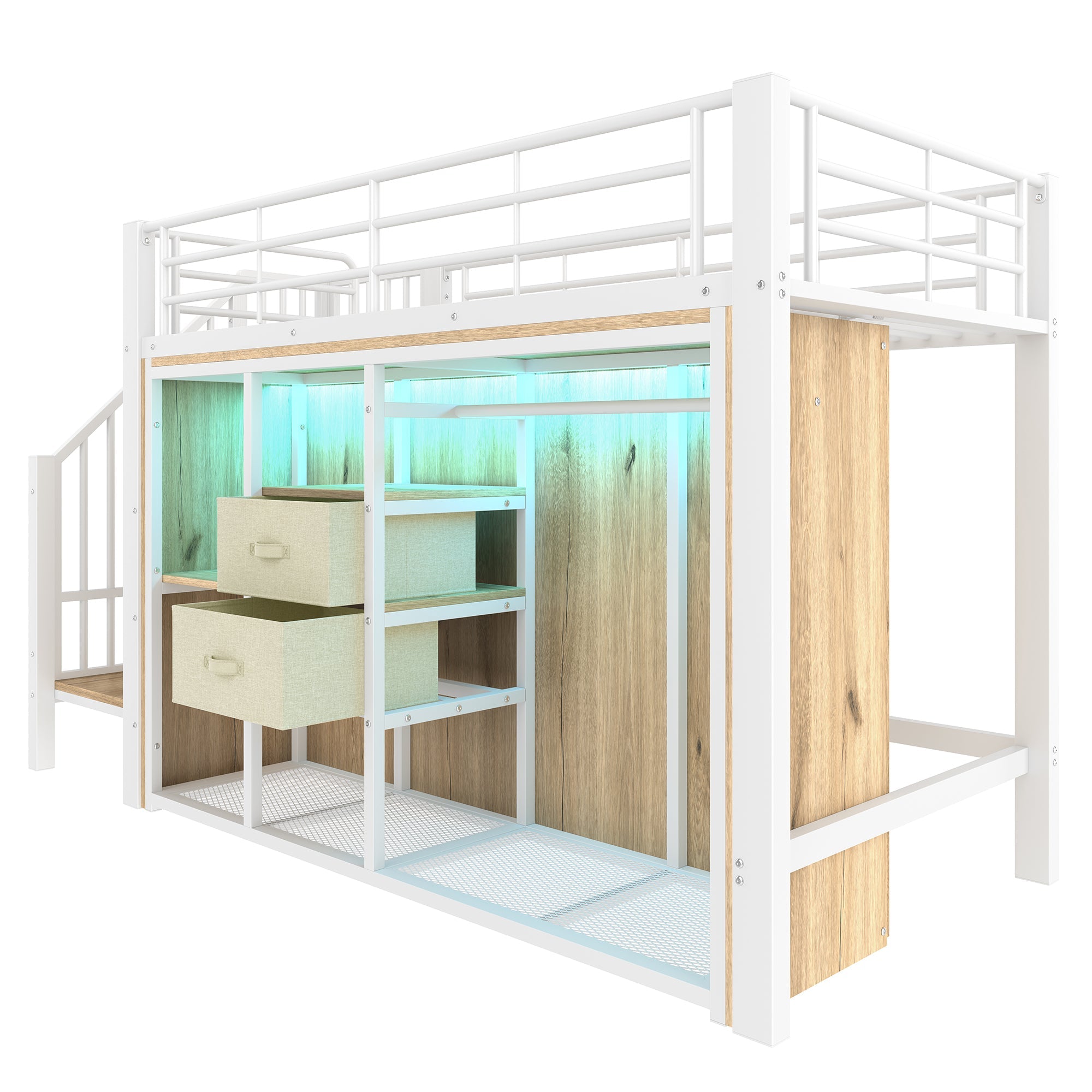 Logidon hoogslaper 90x200 cm met LED, 2 lades, kledingkast, wit