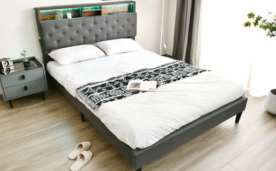 Logidon upholstered bed double bed with storage space headboard LED gray 140x200