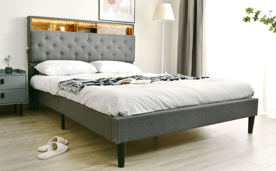 Logidon upholstered bed double bed with storage space headboard LED gray 140x200