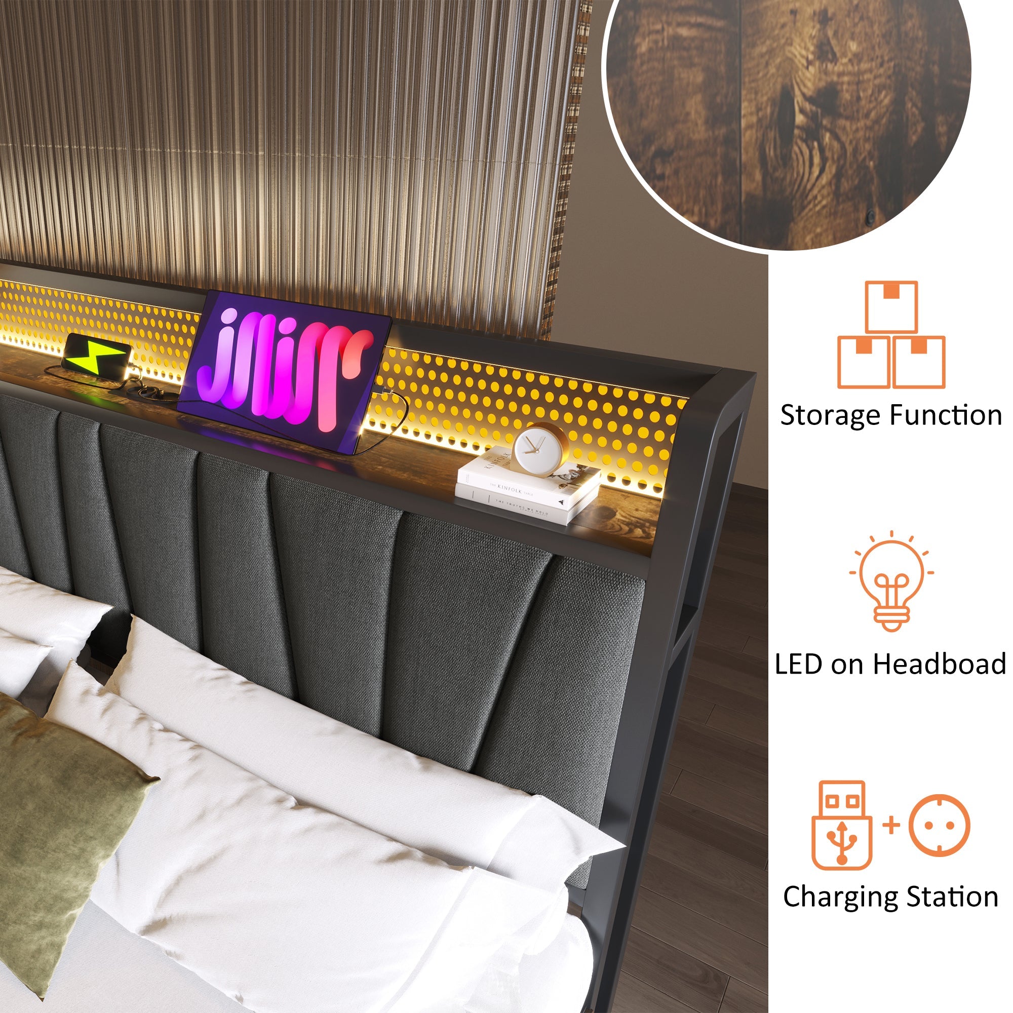 Logidon gestoffeerd bed metalen bed LED App Control tweepersoonsbed 180x200 grijs