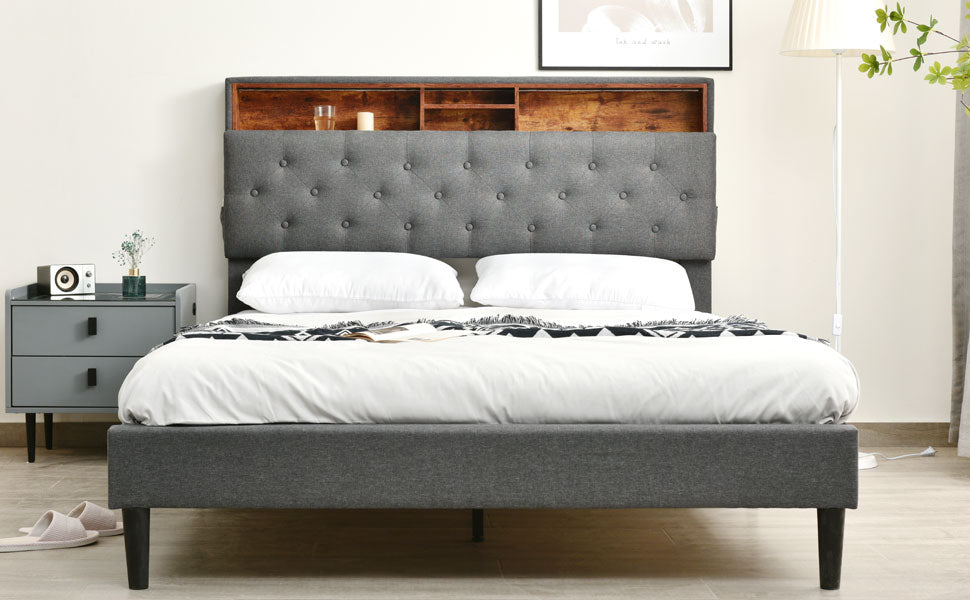 Logidon upholstered bed double bed with storage space headboard LED gray 140x200